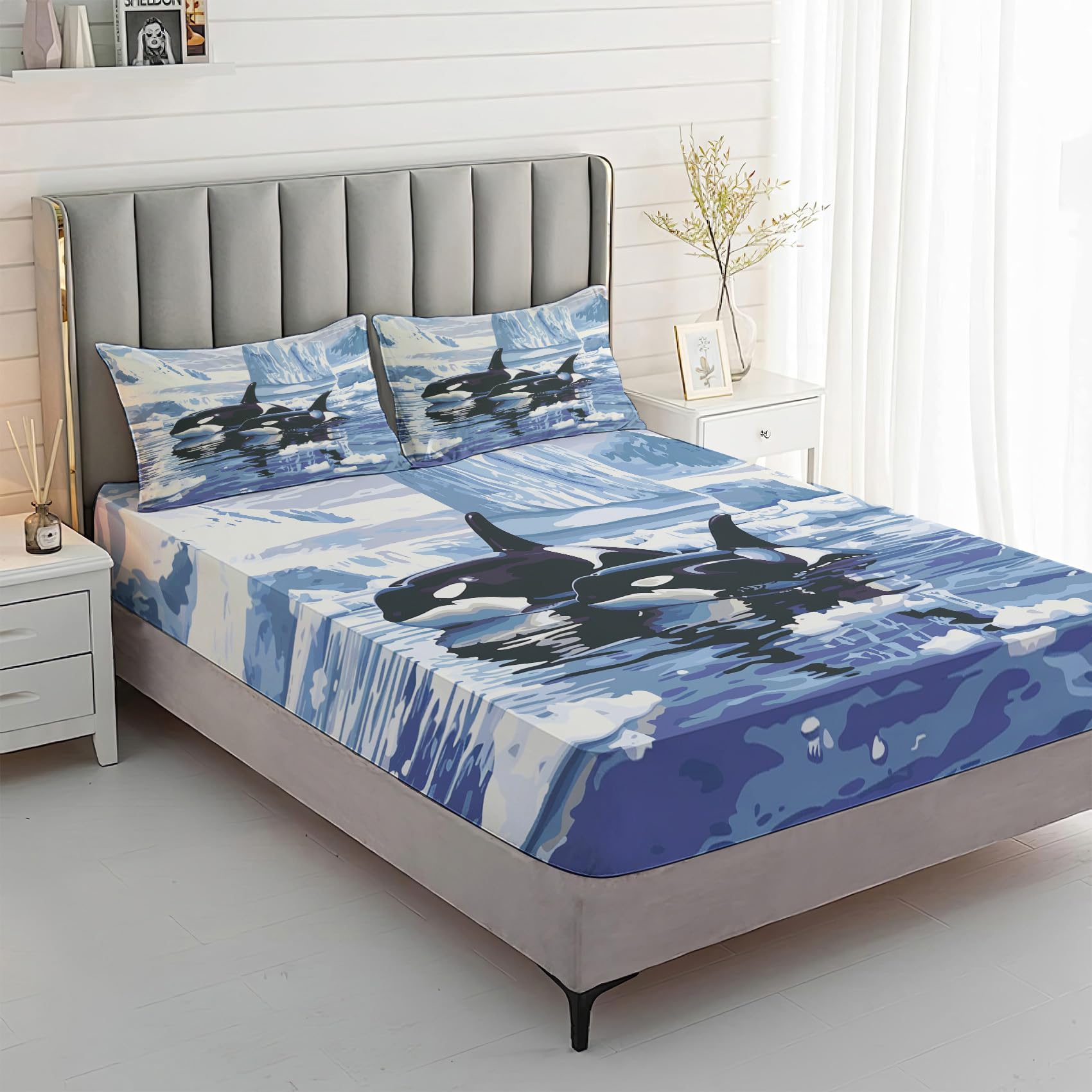 Zvynqour Orca Bed Sheets Queen Size - Killer Whale Sheet Set - Deep Pocket Fitted Sheets & Flat Sheet & Pillowcases 4 Piece - Marine Life Bedding & Decor - Soft Brushed Microfibe