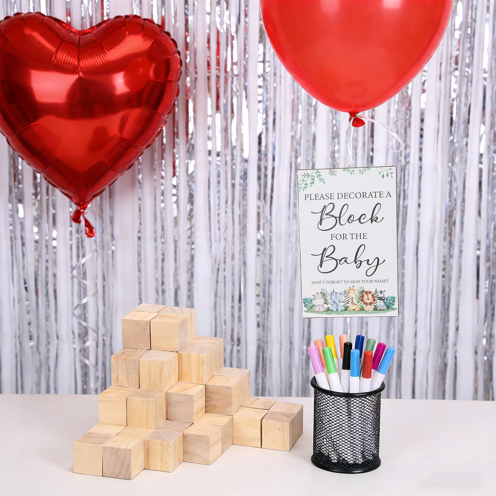 Cryfokt Baby Shower Udekoruj Zestaw Gier z Klocków za pomocą 75 szt. Solidnych Drewnianych Klocków do Spersonalizowanej Zabawy i zajęć na Baby Shower (Zestaw upominkowy z grami na)