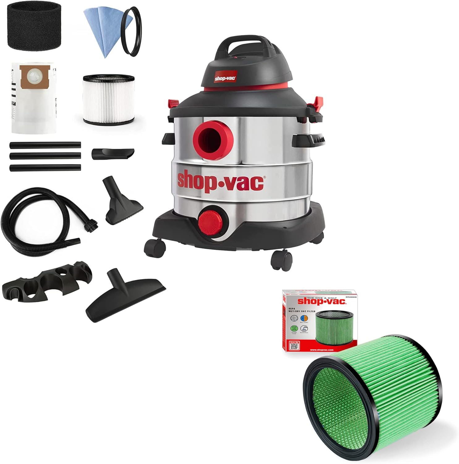 Shop-Vac 8 Gallon 6.0 Peak HP Wet/Dry Vacuum&High Performance 90304/90344 Cartridge Filter(4-Layer HEPA Material)
