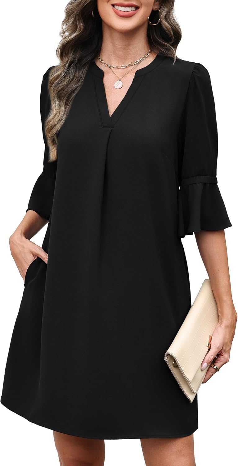 RUMIA Shift Dress for Women V Neck Ruffle Sleeve Loose Summer Office Work Casual Dress