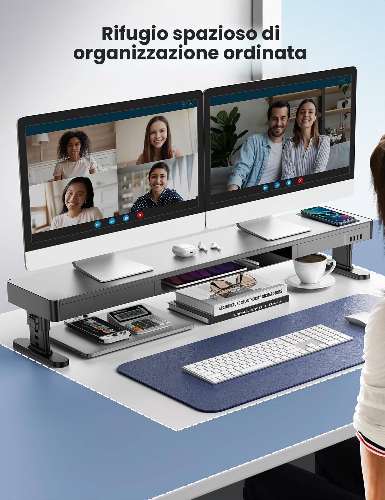 MEATANTY Supporto Regolabile per 2 Monitor con Ricarica Wireless | Quattro altezze, hub USB a 4 porte e cassetto integrato per organizzare dispositivi e accessori.