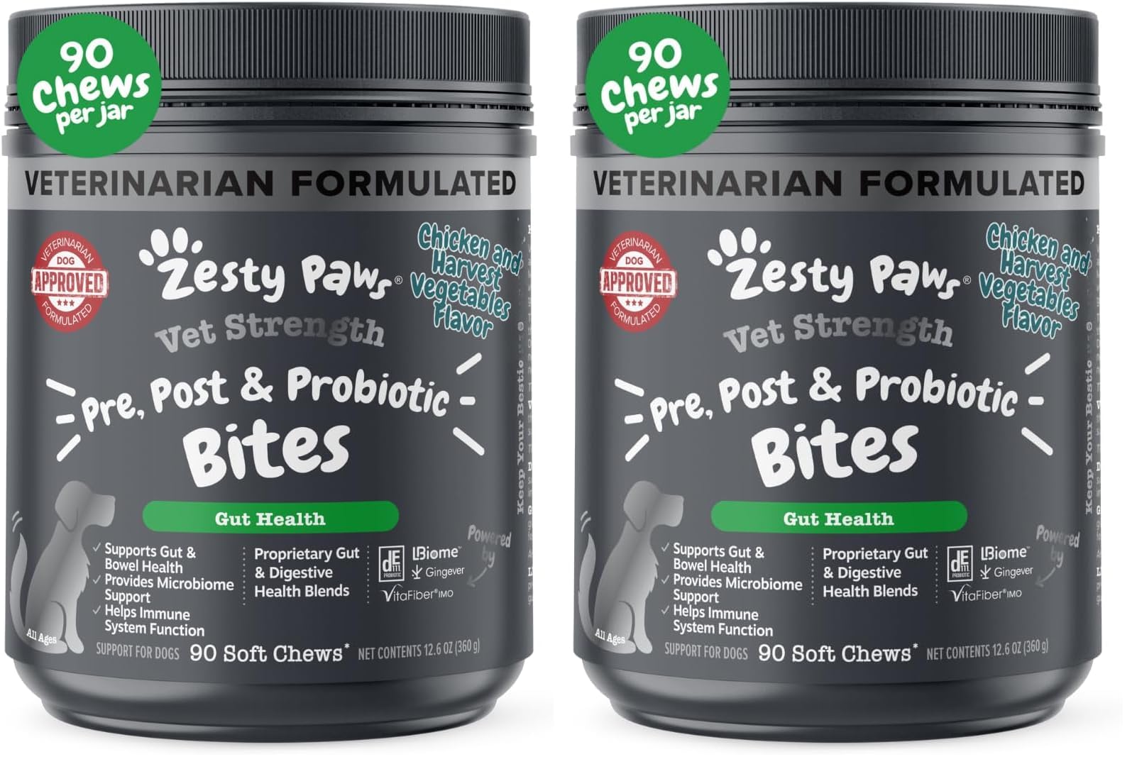 Zesty Paws Vet Strength Probiotics for Dogs, Digestive Health &amp; Gut Flora Support, Dog Supplements, 90 Count (Pack of 2)