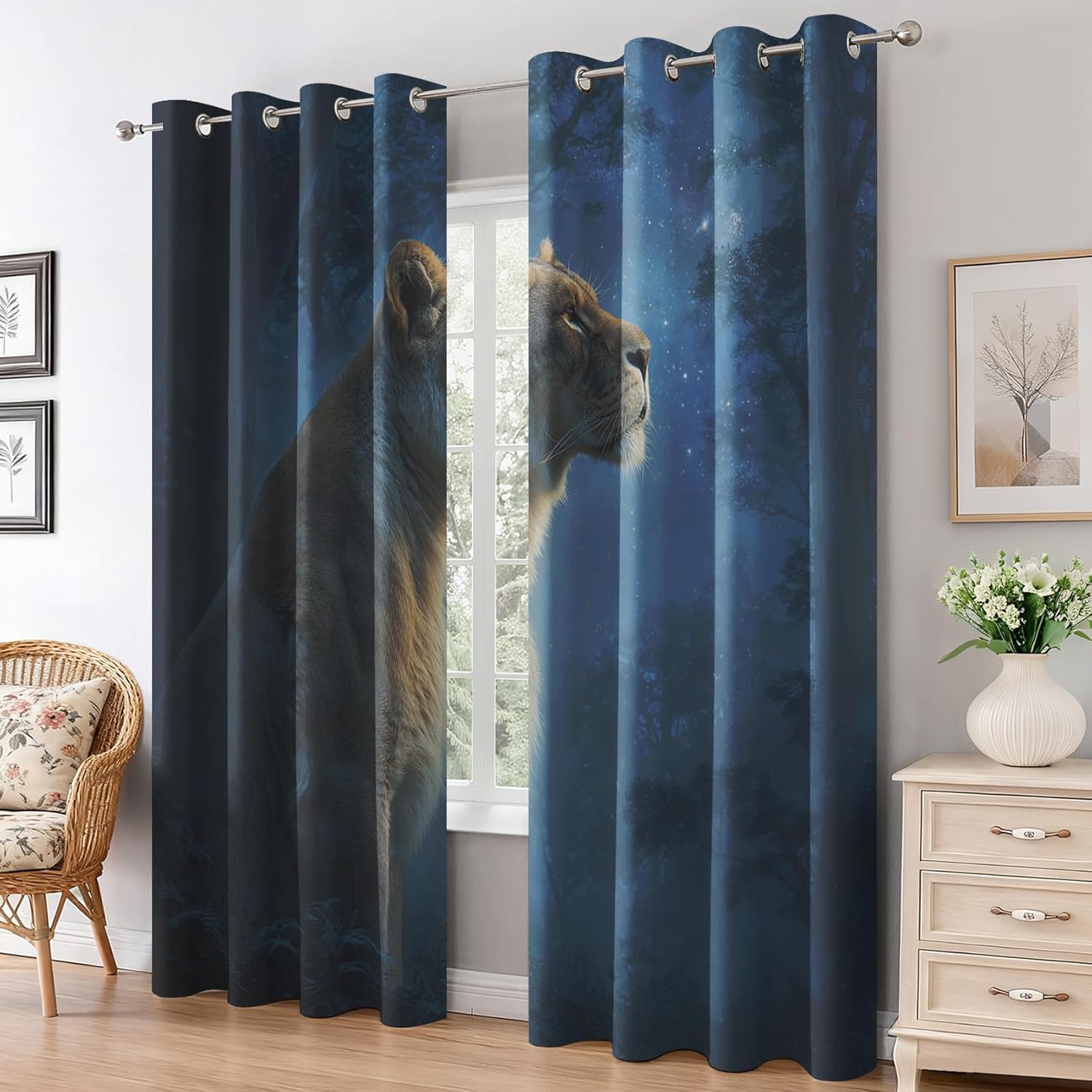 Lion Curtains for Bedroom, Starlight Wild Animal Blackout Curtains Living Room Decor, Lion Thermal Insulated Grommet Drapes & Home Decor, 27.5 x 39 Inch 2 Panels K-X9