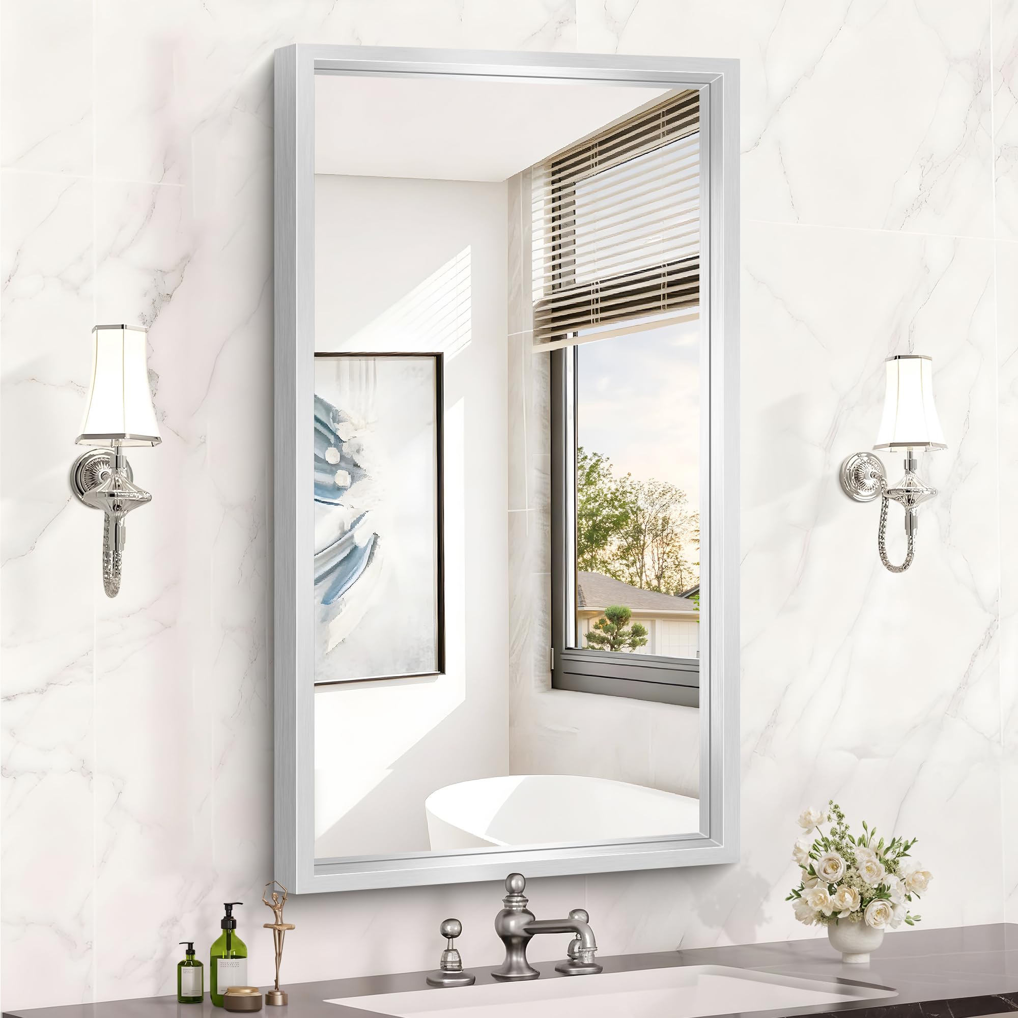 20x36 silver bathroom mirror, brushed nickel rectangular mirror for wall, 0.6" thickened deep frame mirrors for bathroom sink, shatterproof tempered glass, antirust, horizontally or vertically