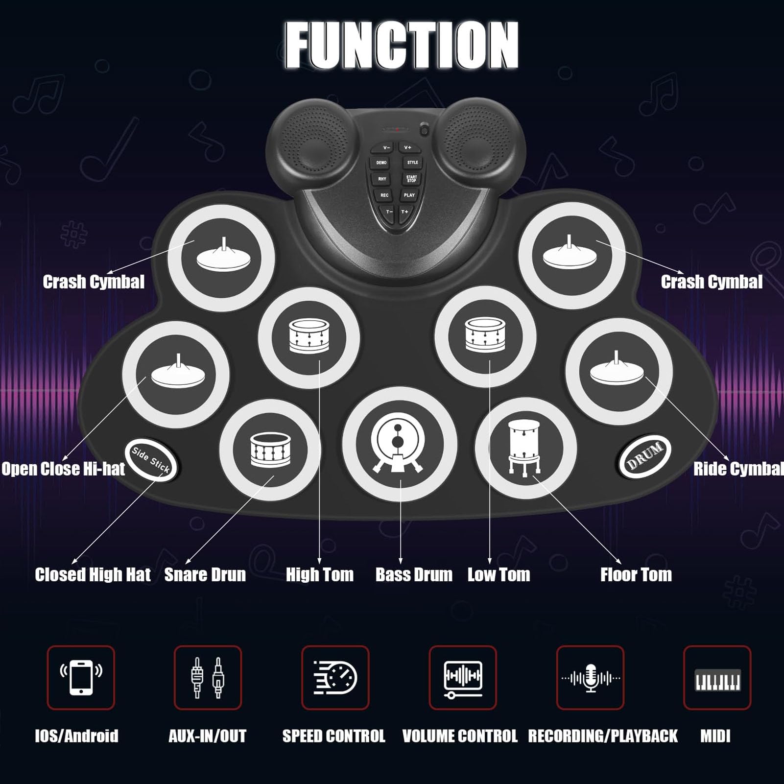 CHICIRIS Batería Electrónica, Batería Enrollable de 9 Pads, Altavoces Mejorados, Conectividad MIDI, Perfecto para Niños, Principiantes, Fiestas Al Aire Libre