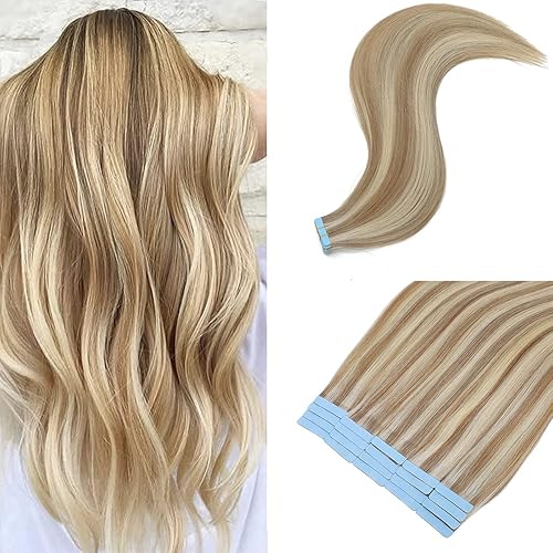 Kukrwlam Extensiones de cabello humano con cinta adhesiva, balayage, marrón claro dorado y rubio decolorado, 18 pulgadas, 1.76oz, 20 unidades por disponible en Yaxa Colombia