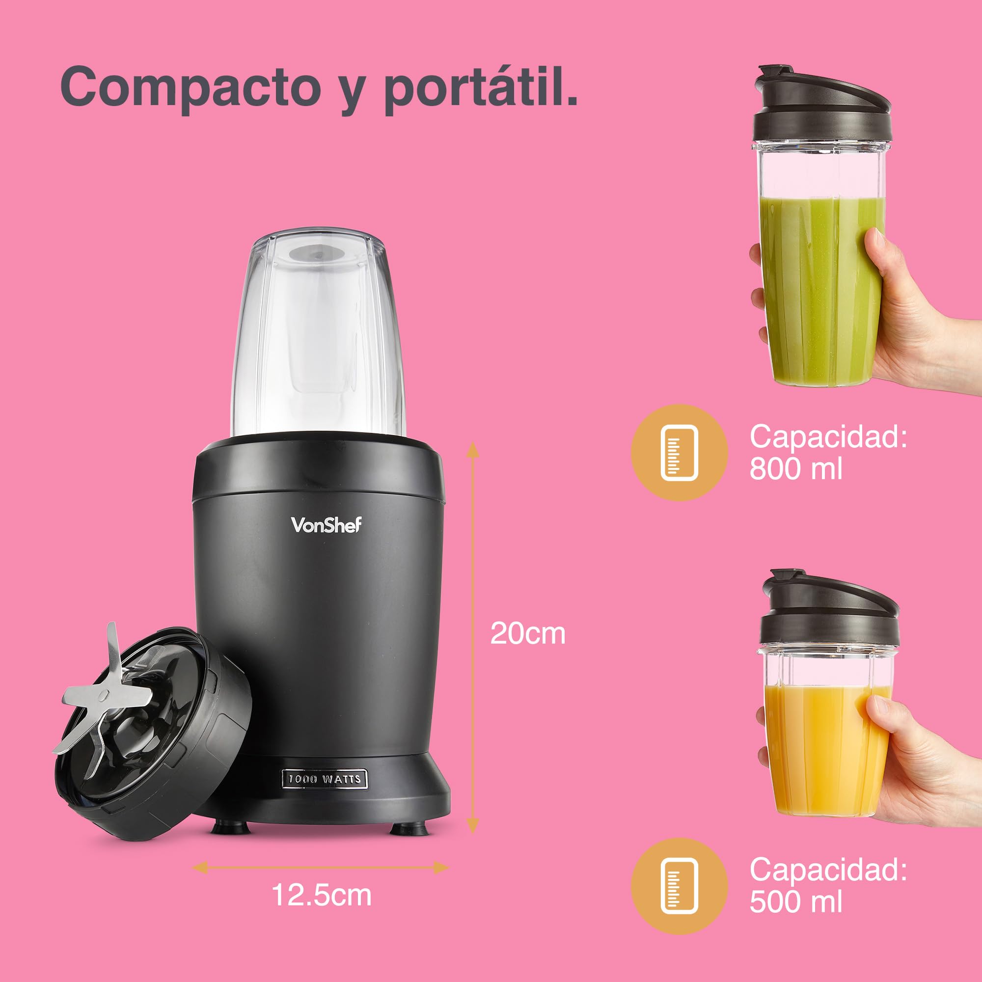 VonShef UltraBlend Licuadora Batidora de Vaso 1000W- Incluye Vaso Grande de 800ml, Vaso de 500ml y 2x Tapas - para preparar Bebidas Deportivas, Batidos de Proteínas, Jugos de Fruta y más
