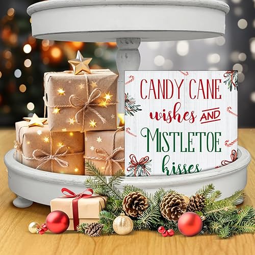 Miniatura 7 de Divertida decoración de Navidad, decoraciones navideñas para interiores, deseos de bastón de caramelo y besos de muérdago, letrero de madera rústico