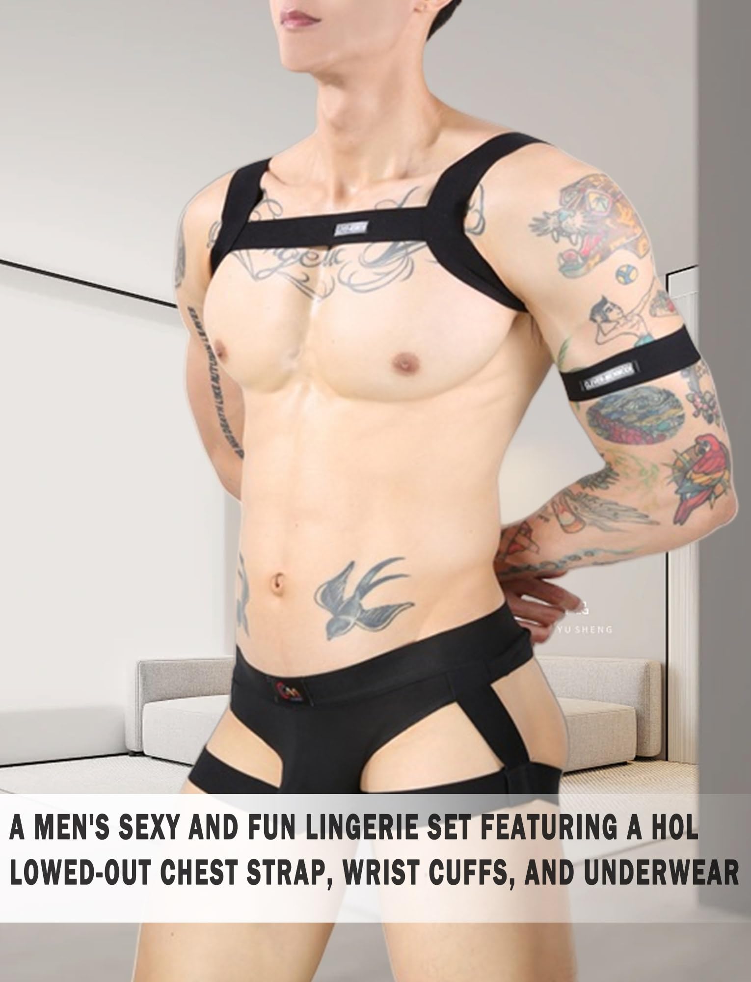 Ensemble Lingerie Sexy Homme Sangle Harnais Ceinture Body Haut avec String Set Hollow Out sous-vêtement Gay Tenus de Nuit
