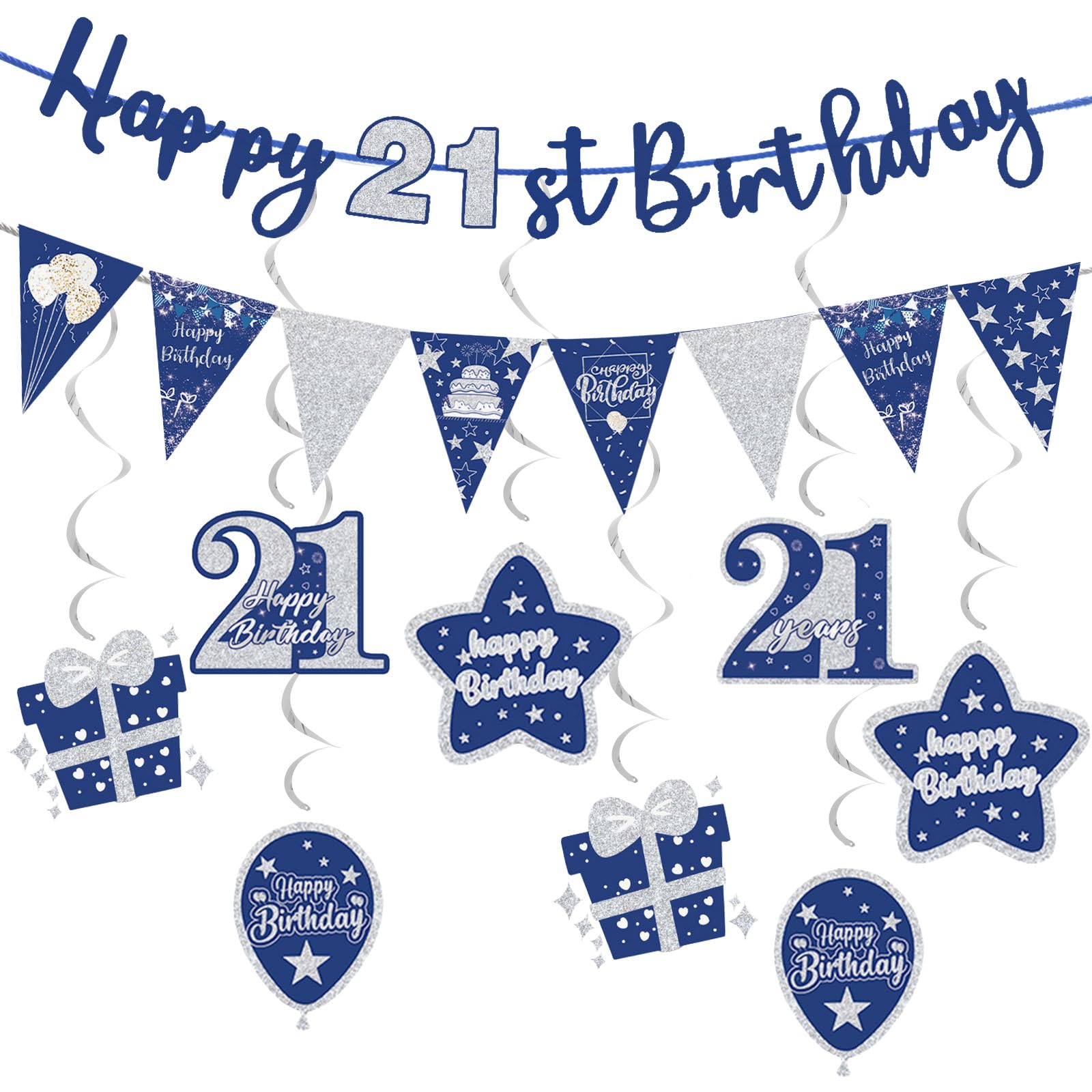 Esitrormi Navy Silver 21st Birthday Banner Flag and Hanging Swirl Decor Set