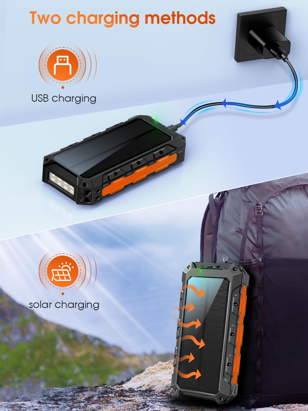 Powerbank Solaire 52800mAh 30W - 7 Sorties, Charge Sans Fil 15W, Lampe Torche, Pour Camping