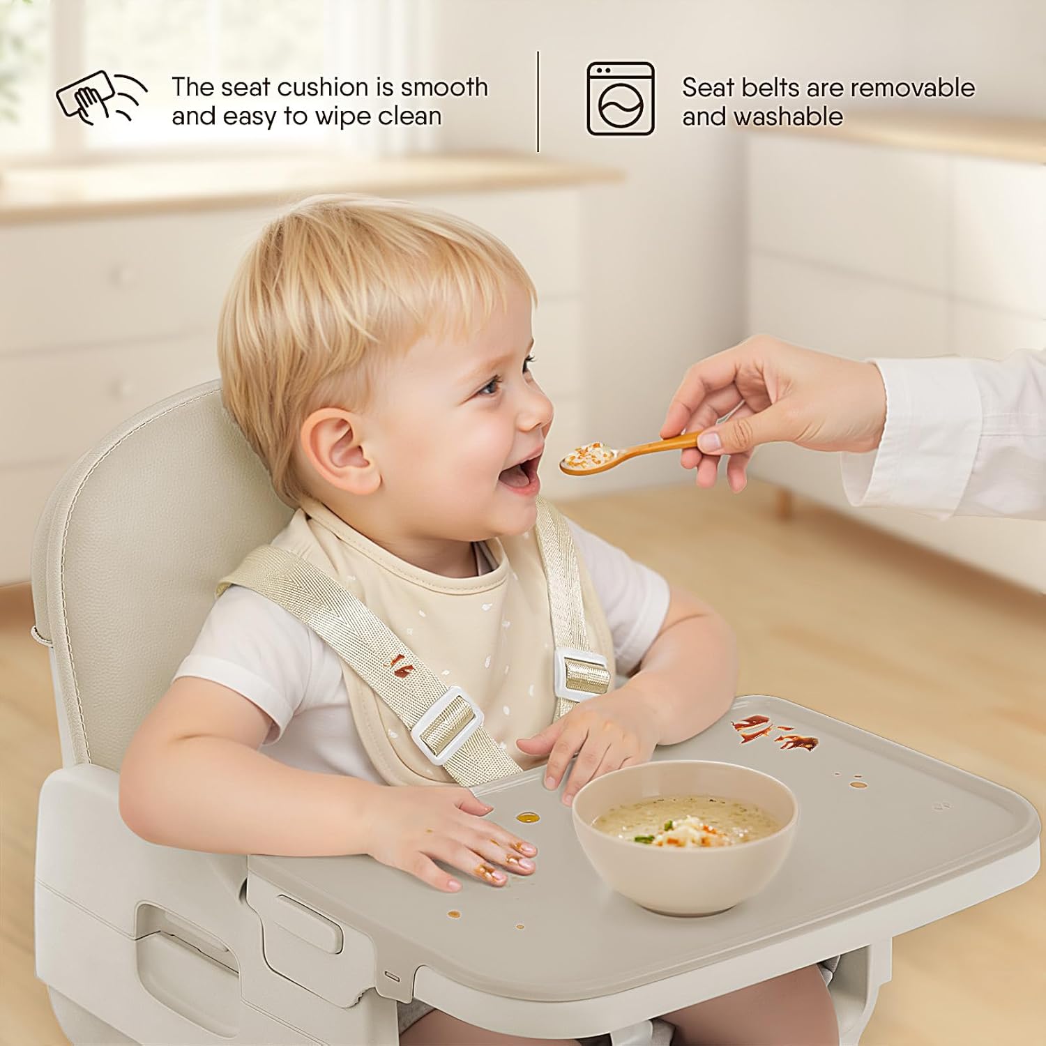 3-in-1 Portable Baby High Chair for Babies and Toddlers, Convertible Easy Clean Infant Foldable Highchair with Adjustable Legs & Dishwasher Safe Tray, Beige