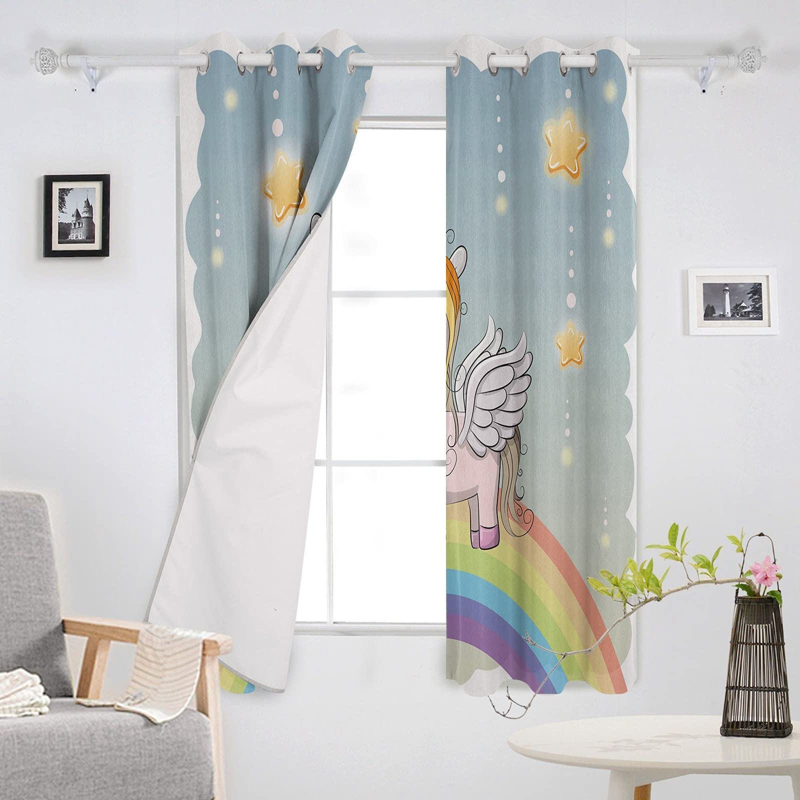 Rideau Occultant Lot De 2 Rideau Licorne Rainbow Star Cute Animal Isolants Thermiques Polyester Rideaux Chambre Et Salon Maison Décoration 170X200Cm (LxH) - Rideaux Imprimés 3D Kids