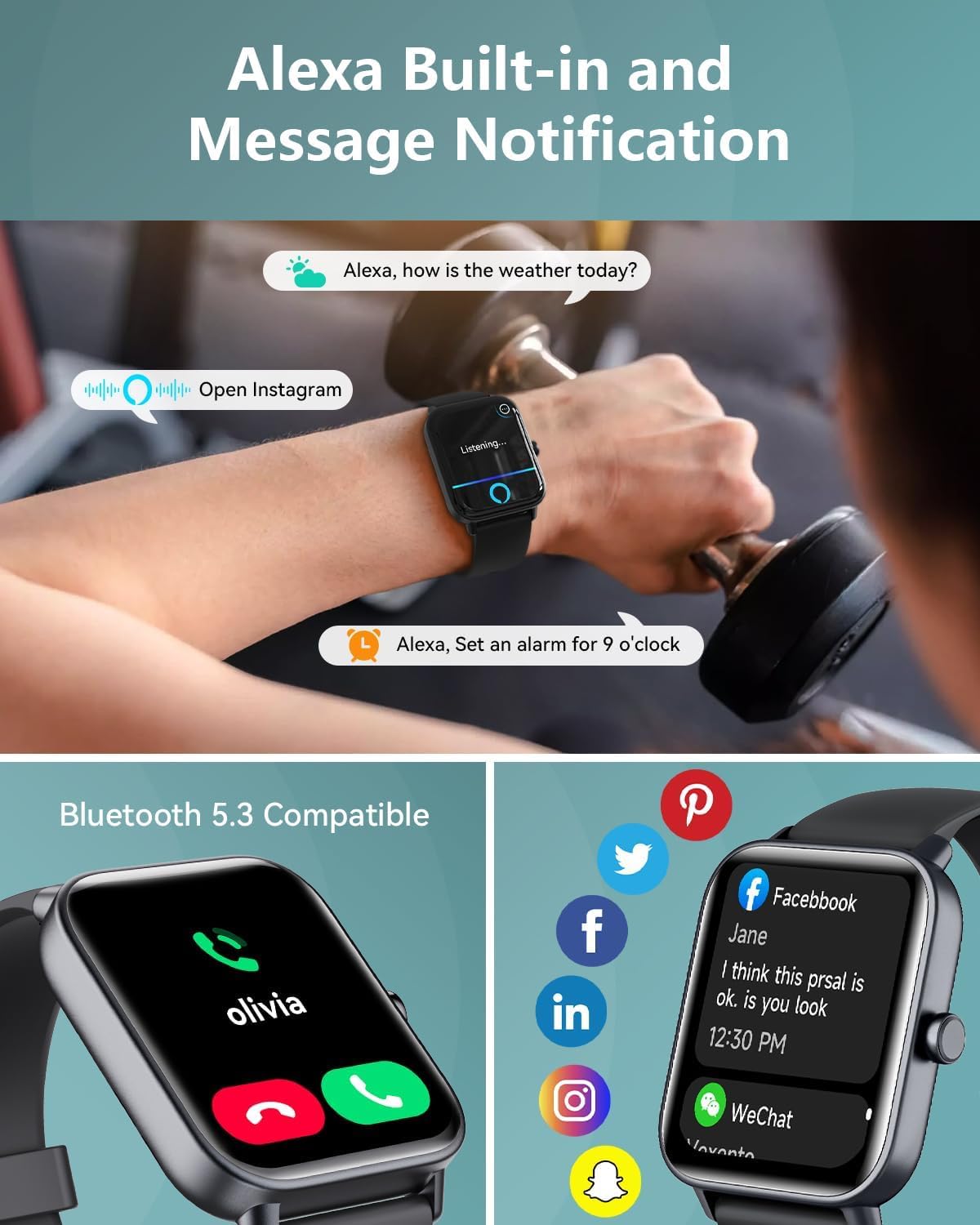 Quican Reloj Inteligente Hombre Alexa Instalado con llamada Bluetooth Monitor de Frecuencia Cardíaca SPO2 Smartwatch Rastreador de Sueño Reloj Inteligente 110+ Deportes para iOS Android