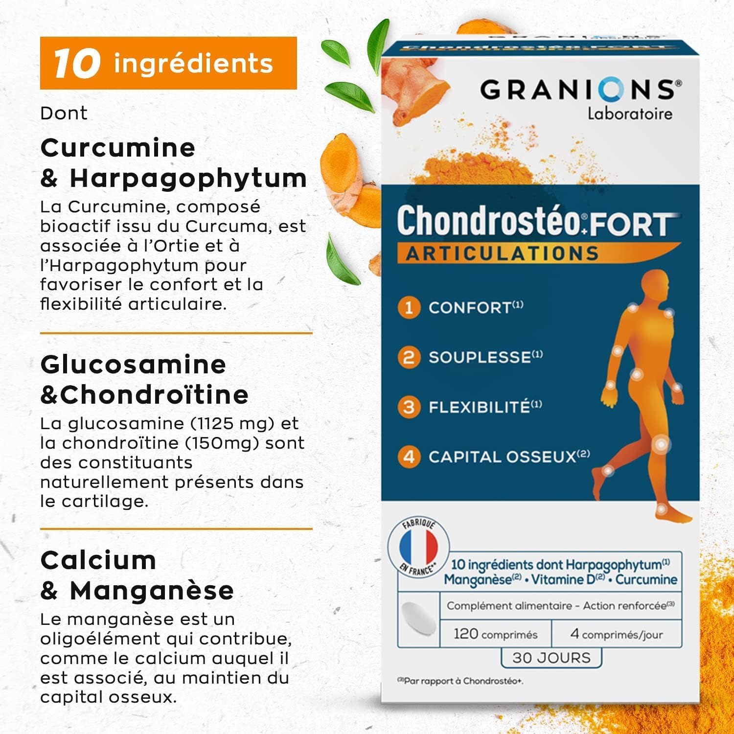 GRANIONS CHONDROSTEO+ FORT Articulations - Formule Renforcée - Curcuma - Mobilité & Souplesse Articulaire, Flexibilité, Capital Osseux - Glucosamine, Chondroïtine, MSM, Curcuma - 120 comprimés