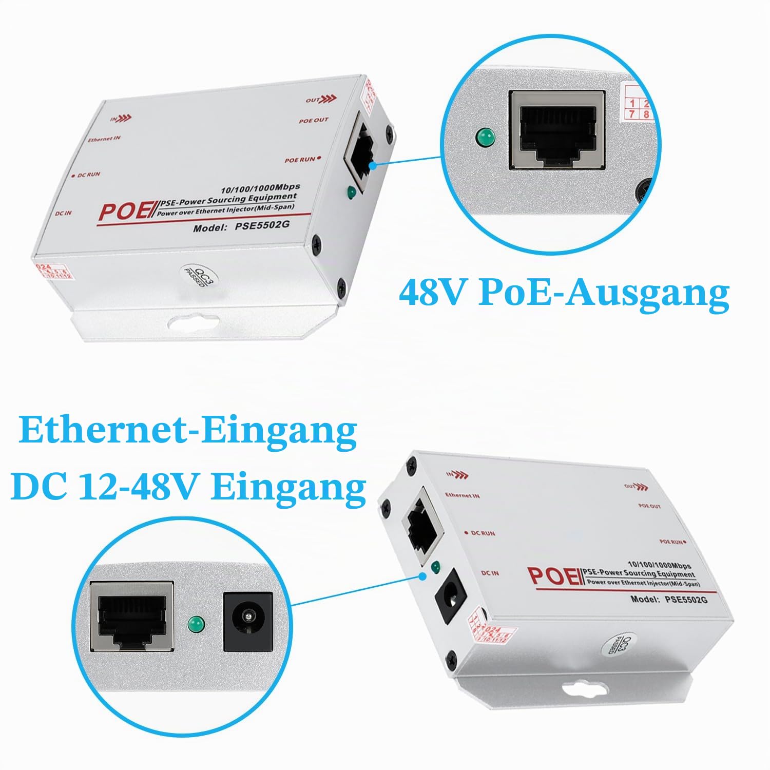 Gigabit Industrial 30W PoE+ Injektor, konvertiert Niederspannung DC 12-48V Eingang in 48V PoE Ausgang, IEEE802.3af/at, DIN-Schiene & Wandmontage Injektor für verschiedene Szenarien (PSE5502G)