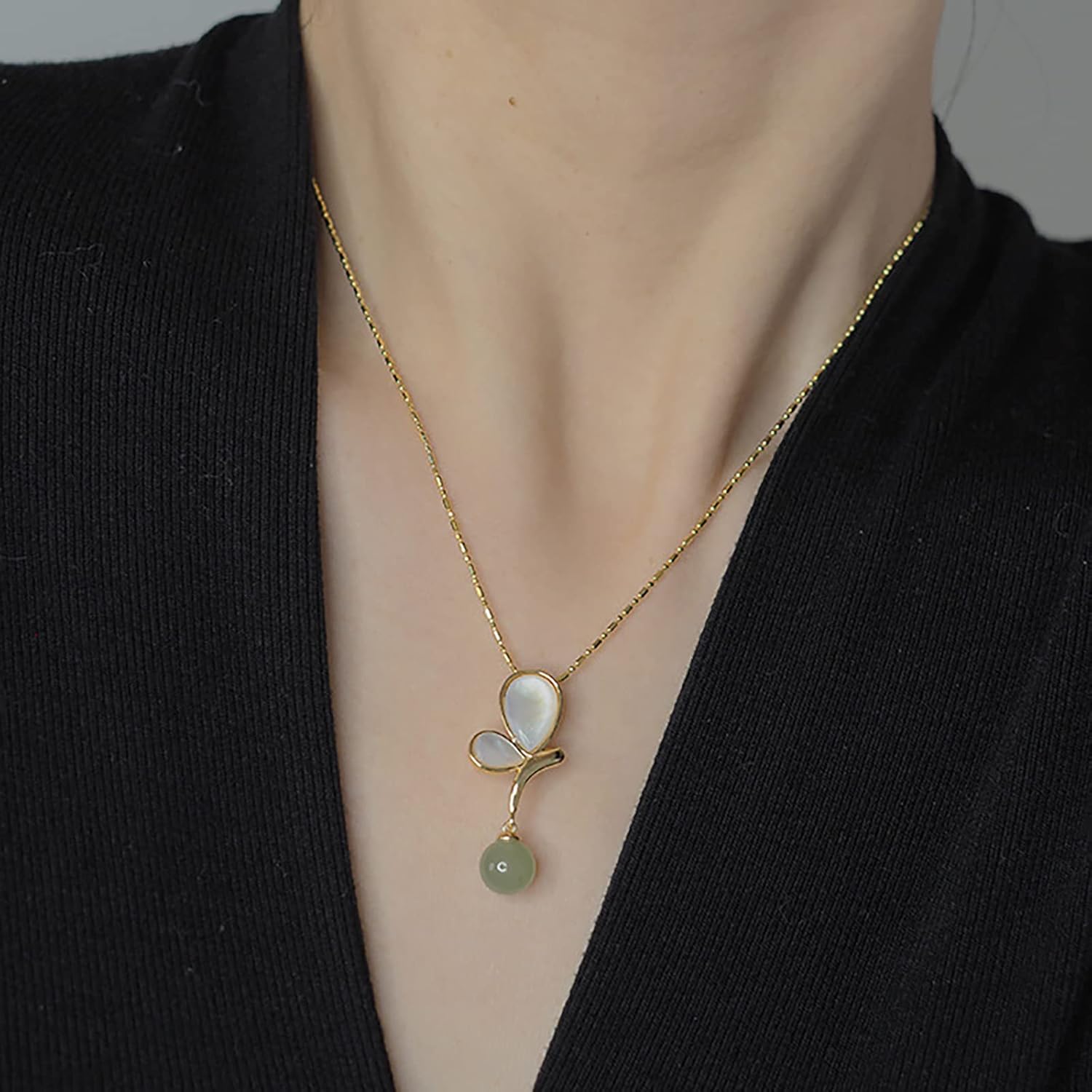 Natural Hetian Jade Necklace Earrings Ring for Women, Green Jade & White Butterfly Charm, Good Luck Gift for Friends, Mother, Lover Her