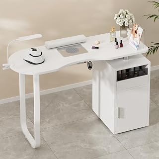 Manicure Table Nail Desk, Nail Table Station for Nail Tech Professional Nail Art Table w/Single Cabinet, Drawers, Controllable Wheels & Client Wrist Pad, Acetone Resistant（White2）