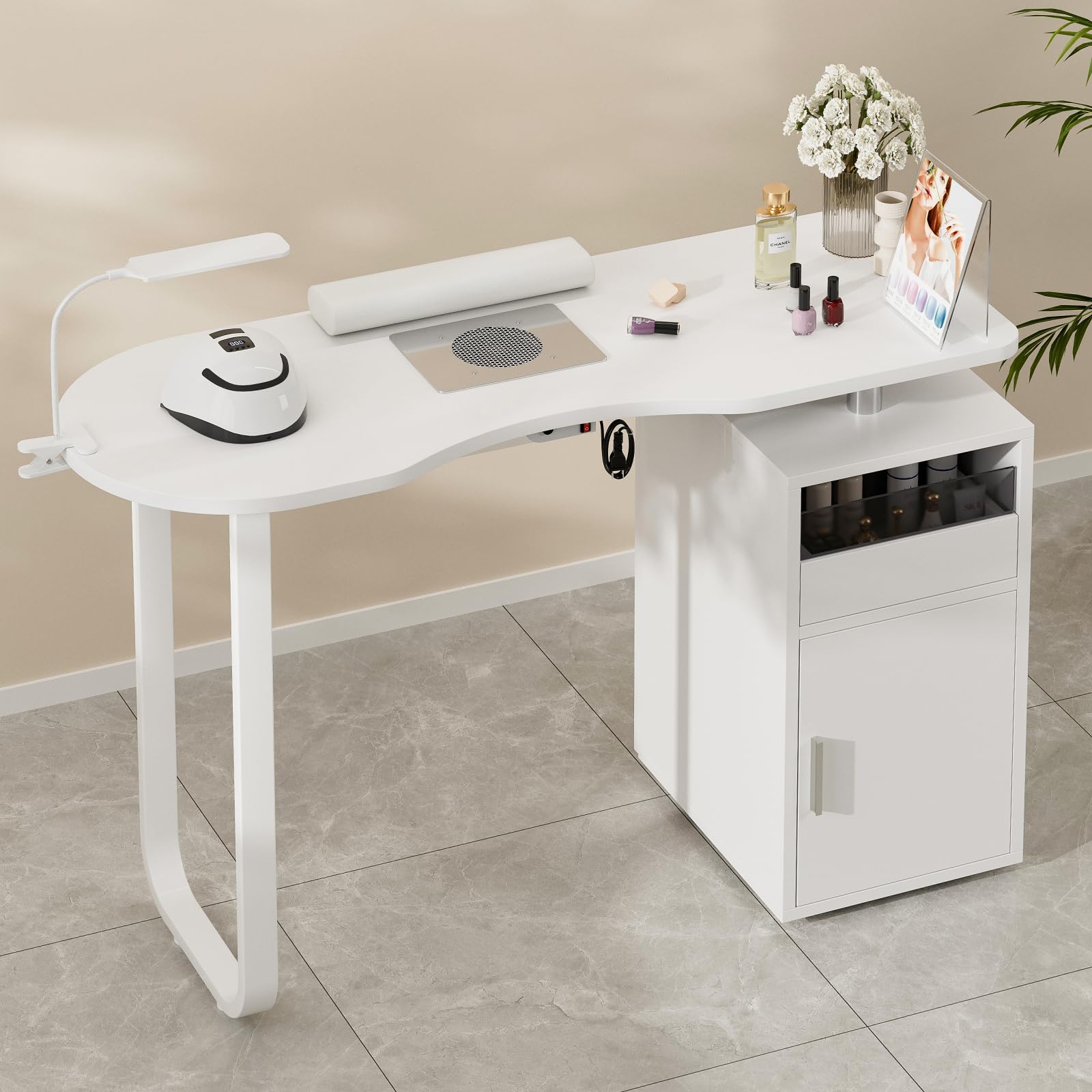 Paddie Manicure Table Nail Desk, Nail Table Station for Nail Tech Professional Nail Art Table w/Single Cabinet, Drawers, Controllable Wheels & Client Wrist Pad, Acetone Resistant(White2)