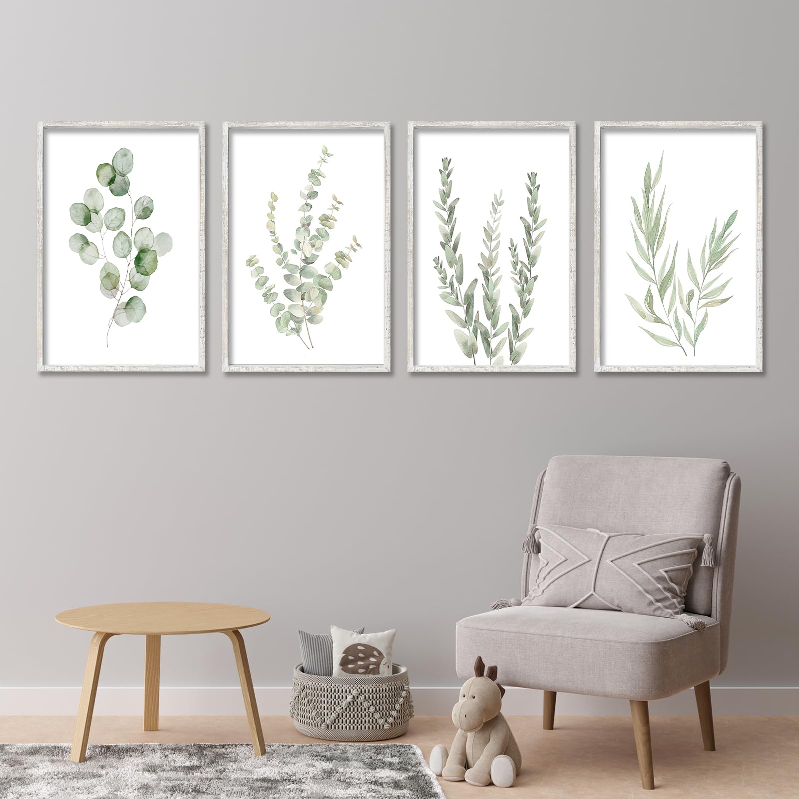 botanical wall decor sign 16x24 inch set of 4 sage green plants wood framed for boho bathroom modren farmhouse bedroom aesthetic watercolor living room art wall hanging (white)