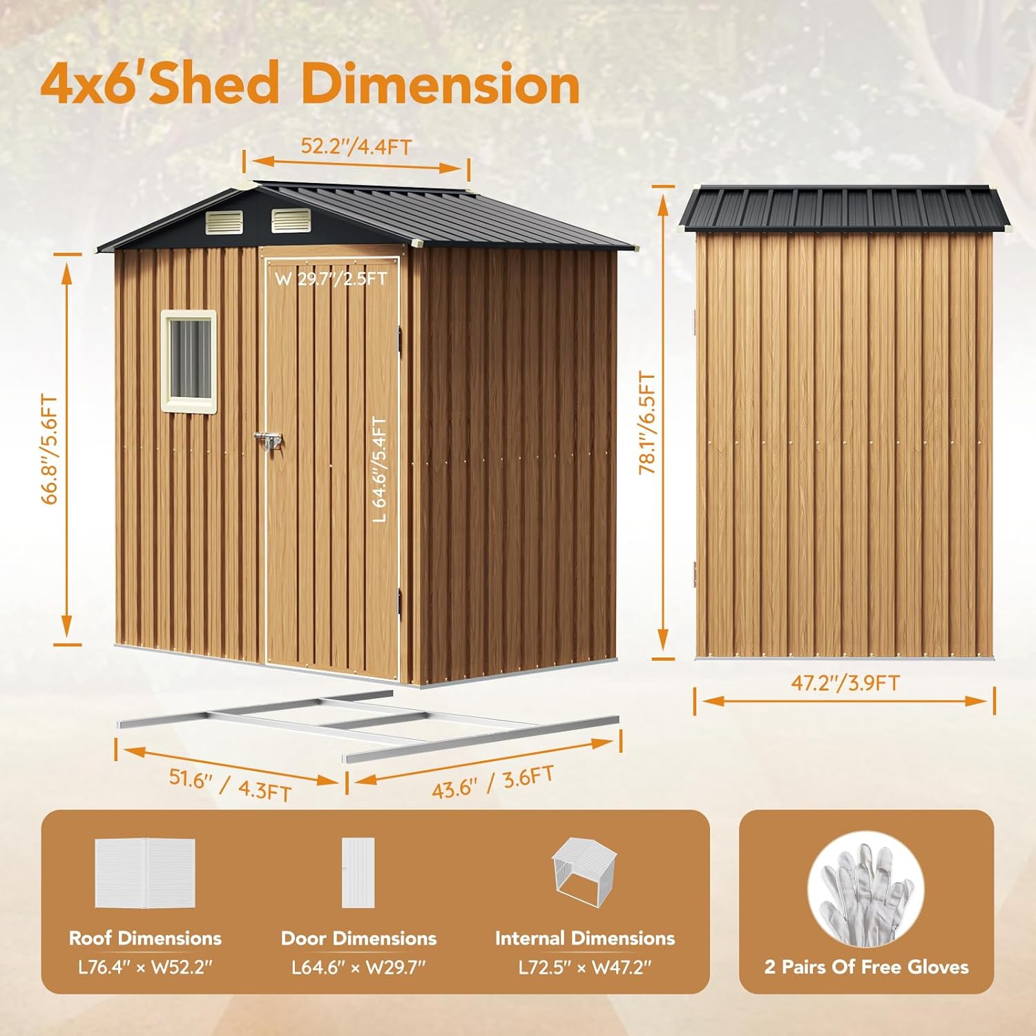 Panovue 6X4FT Garden Storage Shed with Frame Floor & Lockable Door,Steel Tool Shed with 1 Clear Window, Anti-Corrosion Metal Shed for Backyard Patio Lawn (Light Wood Grain)
