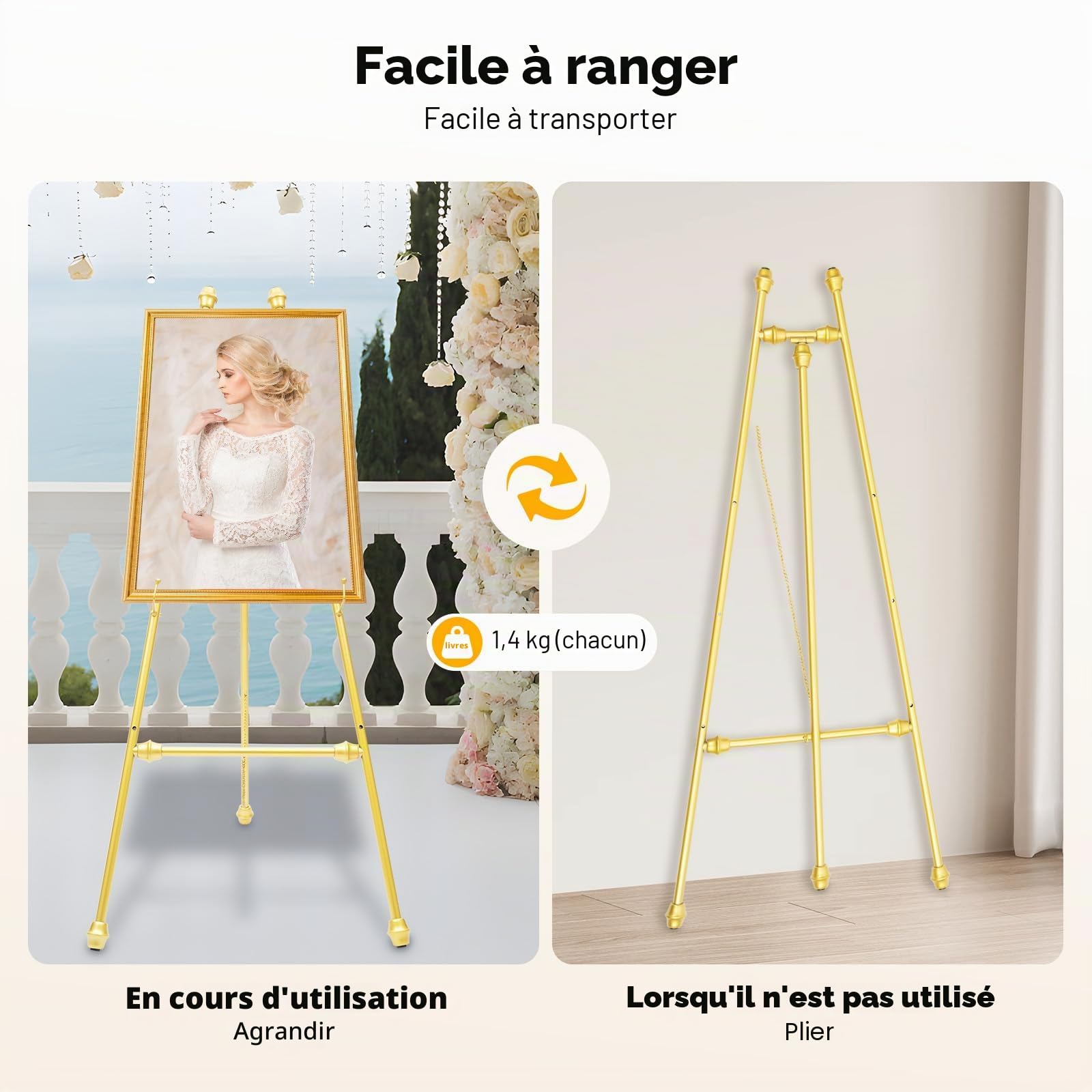 Lot de 2 chevalets dorés pour panneaux de mariage et affiches - Structure triangulaire stable - Longueur de la chaîne réglable - Trépied en métal - Peinture de studio - Salon de voiture -