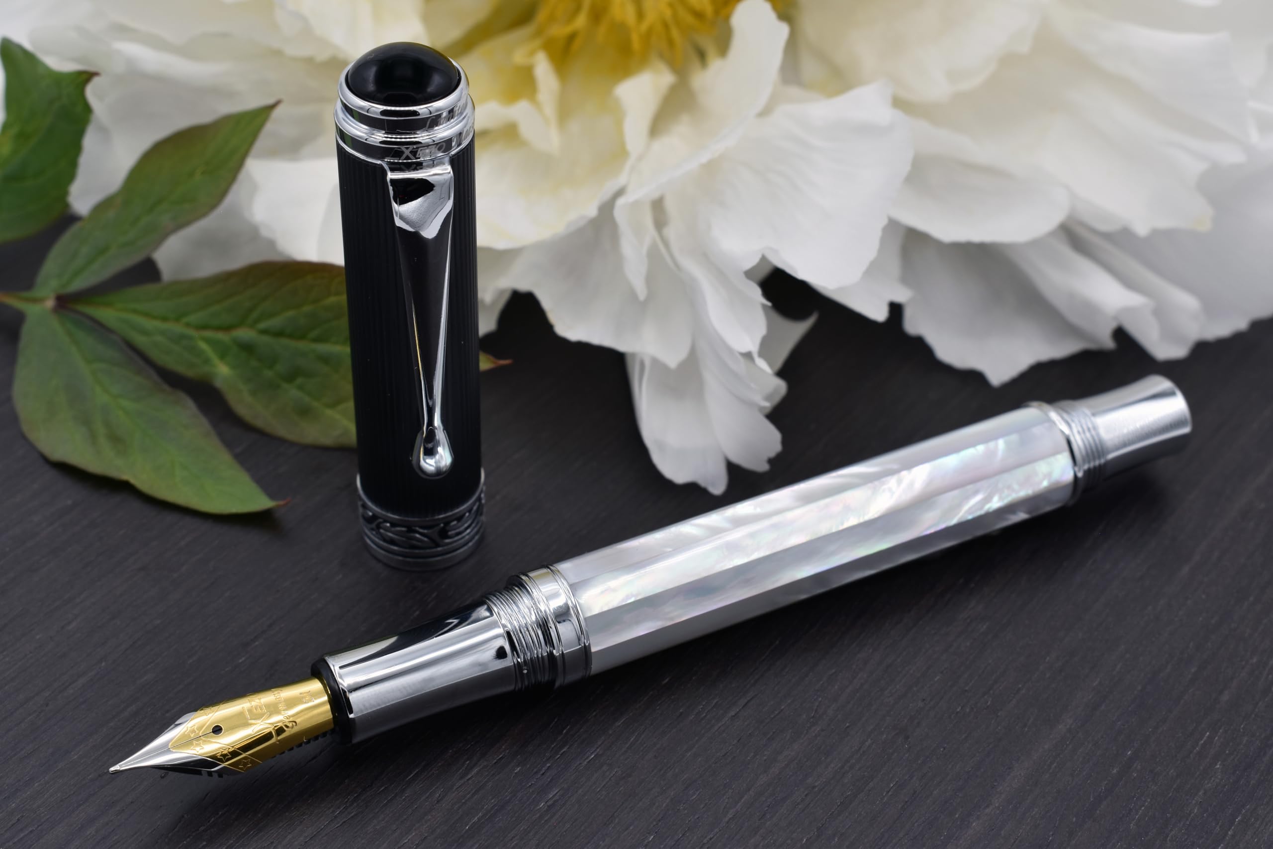 Xezo Pluma estilográfica Maestro, plumín medio. Nácar blanco iridiscente del océano con revestimiento de carbono tipo diamante PVD. Numerada, cada pluma es única