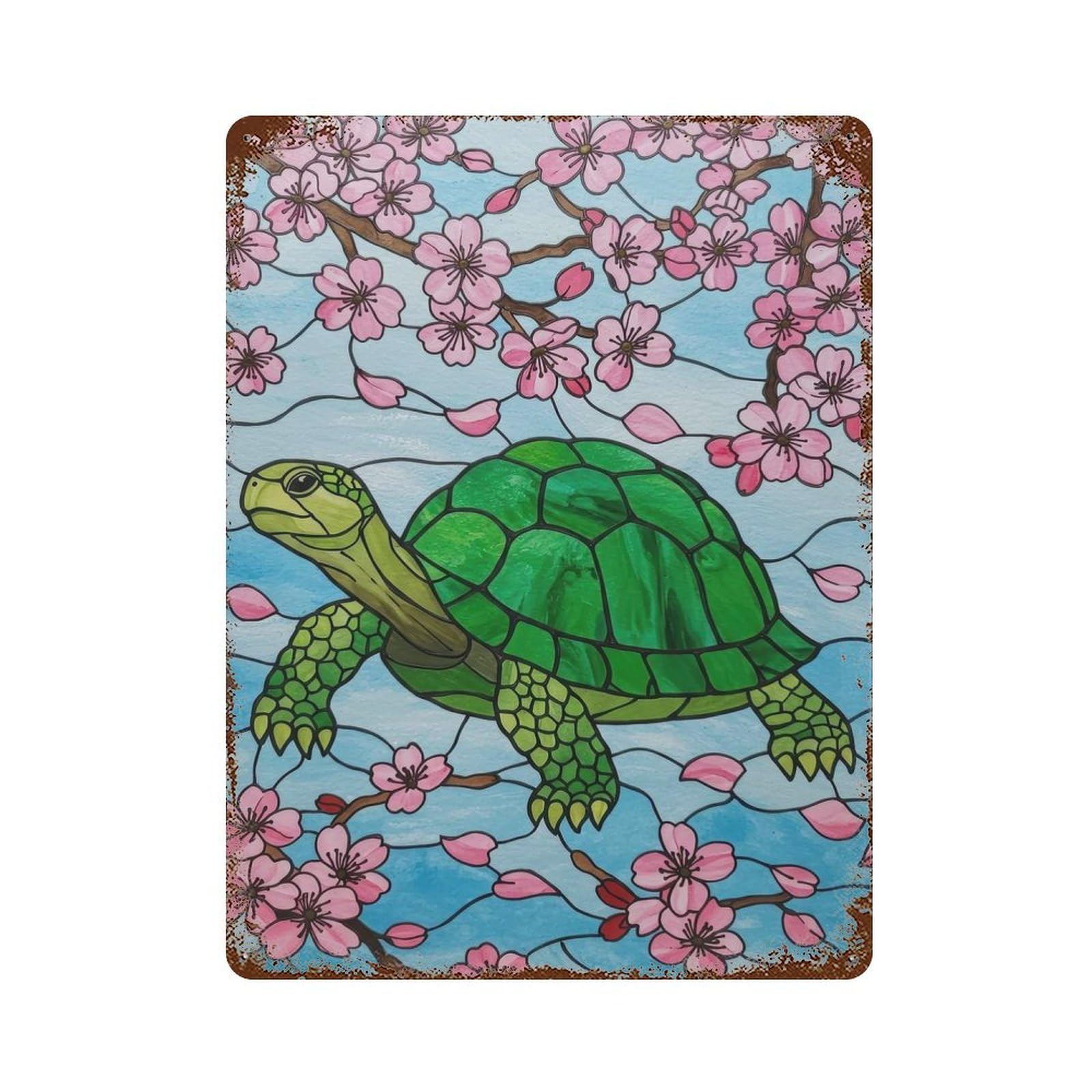 Decorative Tin Sign with Turtle And Cherry Blossoms Art Design 15.7"x11.8", for Garage, Bar And Workshop Decor, Farmhouse Wall Decor
