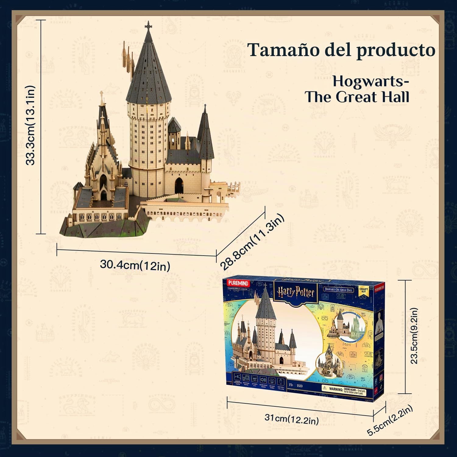 PUREMIND Harry Potter Gran Comedor de Hogwarts, Puzzle 3D de Madera Modelo | Licencia oficial, regalo Harry Potter, escalera móvil, luces, música, Gran Comedor detallado, montaje DIY, pieza de colección