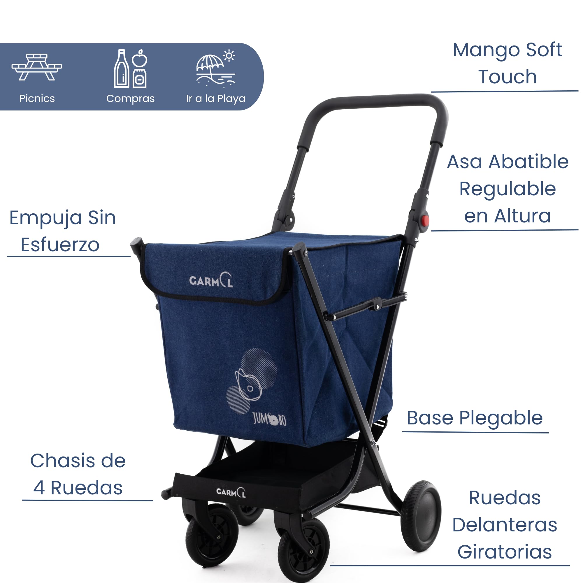 GARMOL Carro de la Compra Plegable 66 litros | Carro de la Compra 4 Ruedas Gran Capacidad | Carrito Compra 4 Ruedas Plegable Color Azul Marino