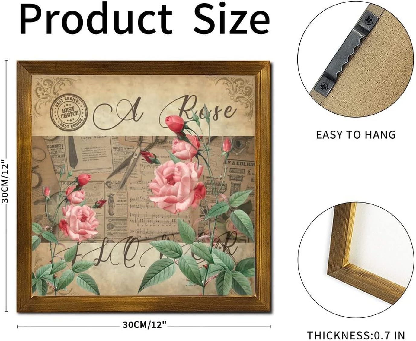 Vintage French Rose Flower Framed Wood Signs Retro Newspaper Music Note Wooden Wall Sign Classic Summer Floral Home Wall Hanging Sign Decoration for Living Room Bedroom Dining Room 12x12 inch