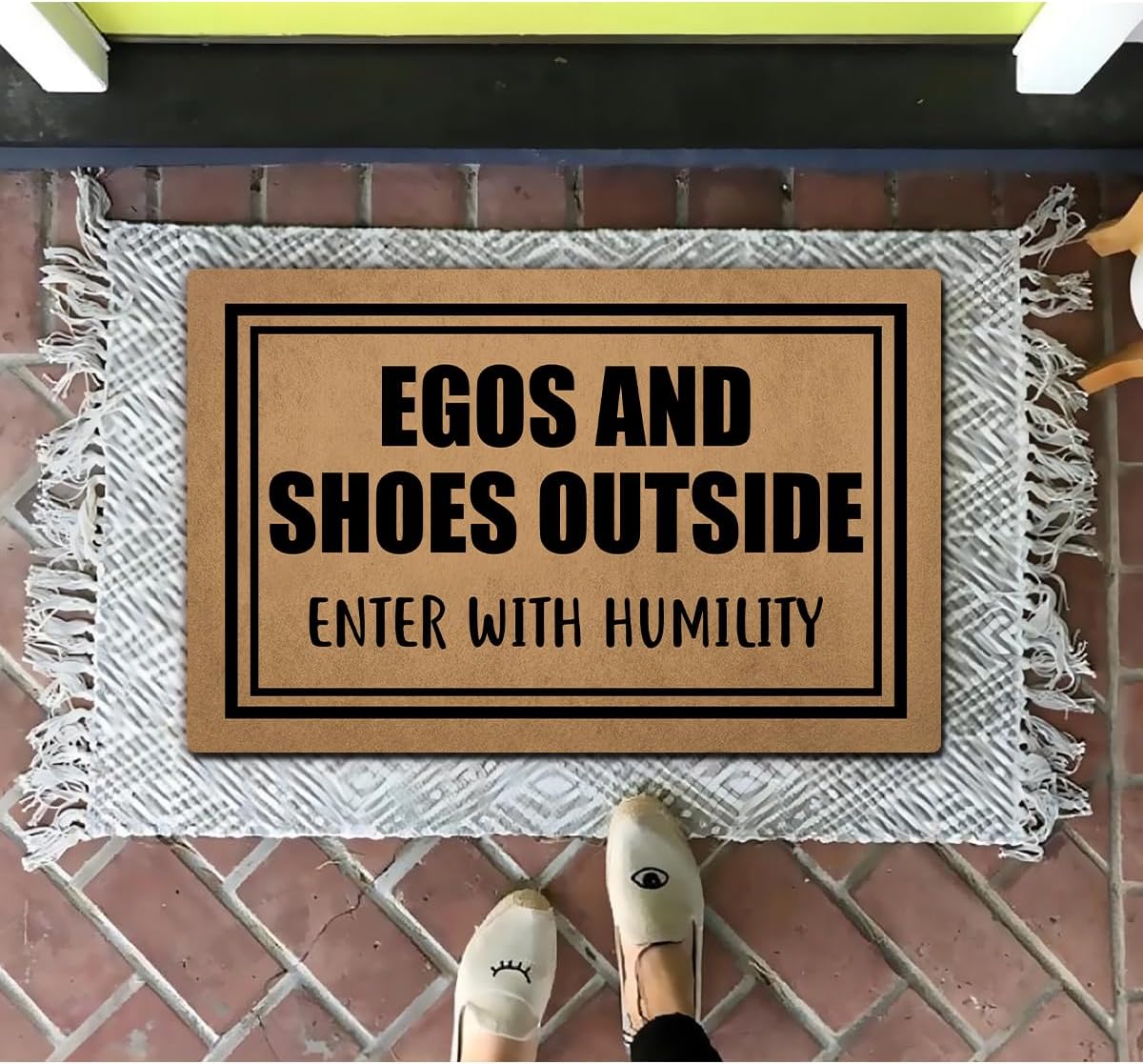 Funny Welcome Doormats Indoor Entrance Egos and Shoes Outside Enter with Humility Personalized Kitchen Rugs and Mats With Anti-Slip Rubber Back Novelty House Warming Gift Mat (23.7 X 15.9 in)