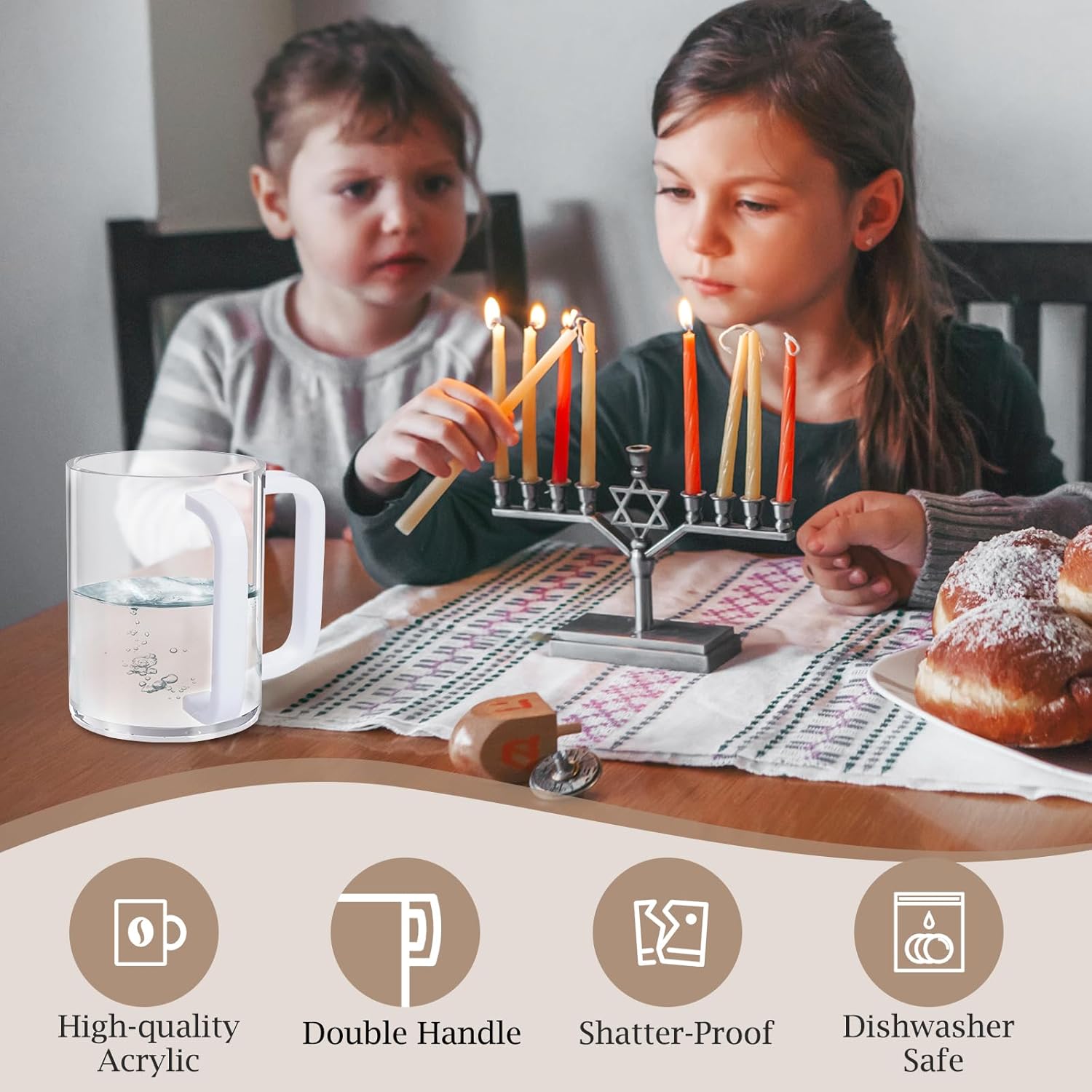 2 Pcs Judaica Hand Washing Cup with Dual Handles, Clear Acrylic Hand Washing Cup for The Jewish Ritual & Netilat Yadayim (Clear, White Handle)