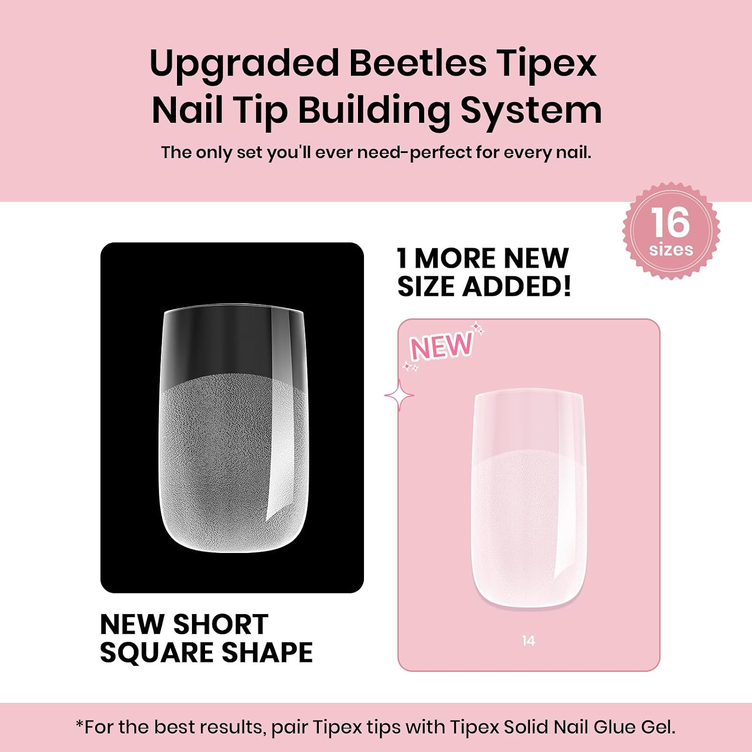 Beetles Tipex Instant Apex Nail Tips, Short Square, 16 Sizes 00–14, 512pcs, No Builder Gel Required, Thicker Strong Acrylic Tips for DIY Salon-look Extensions