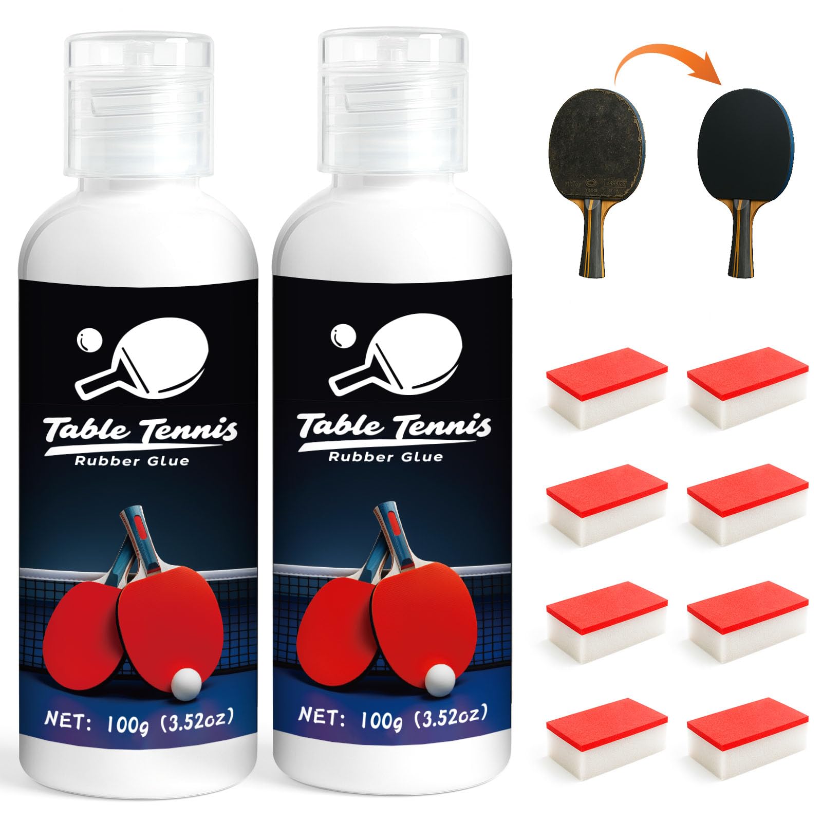 WAN2TLK Table Tennis Glue 200ml, Perfect for Assembling Ping Pong Paddle, Comes with 8 Sponges to Easily Replace Table Tennis Rubber