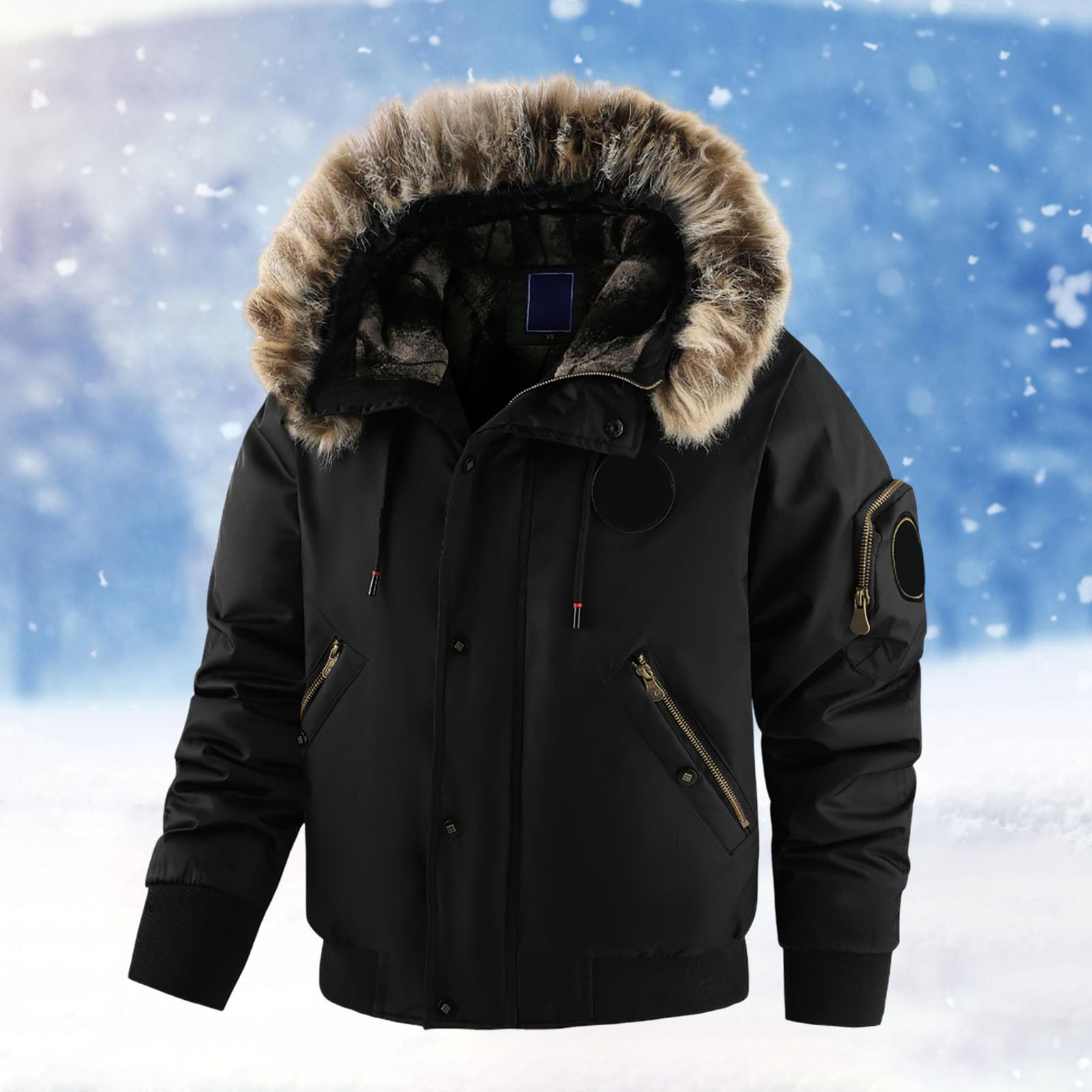 Chaqueta bomber de invierno para hombre con capucha de pelo, chaqueta de piloto forrada con bolsillos con cremallera, chaqueta cálida Parker chaqueta acolchada de invierno gruesa chaqueta de