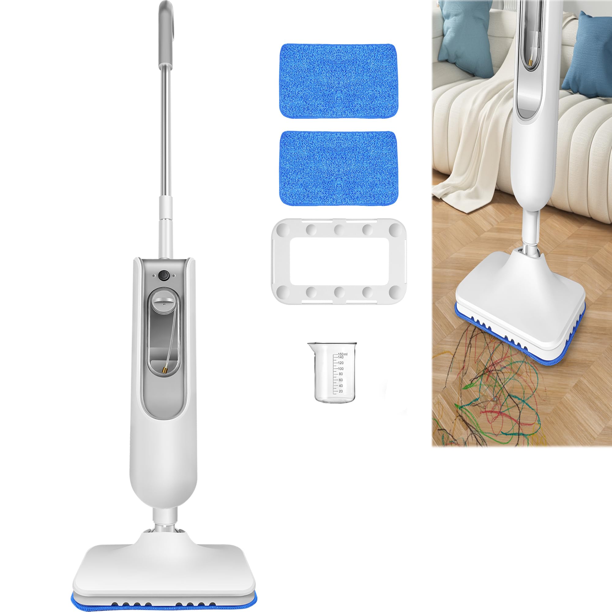 2 in 1 Dampfreiniger inkl. Reinigungsaufsätze & 2 Ersatzpads - Dampfbesen & Handdampfreiniger - elektrischer Bodenwischer - Mop