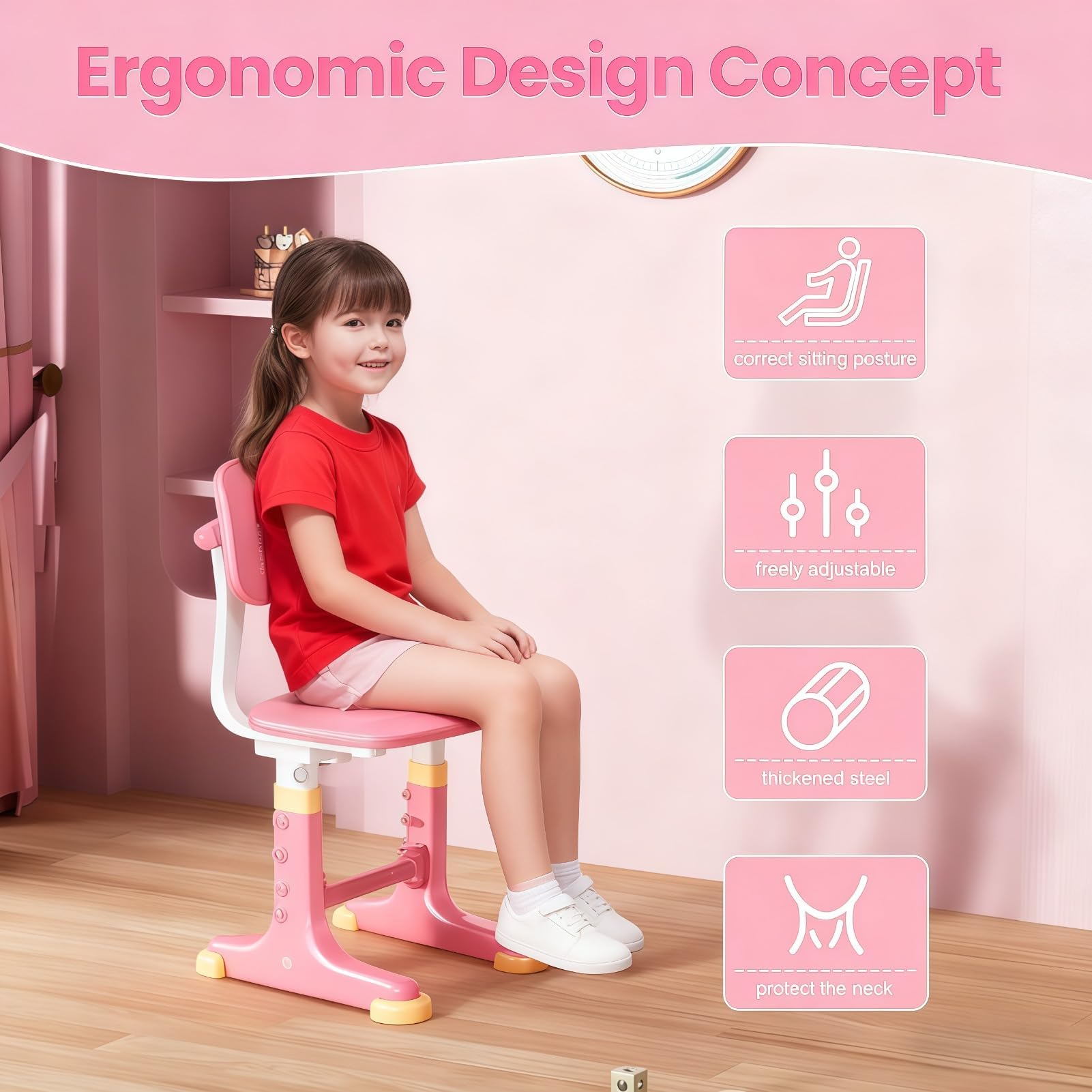Tuelaly Ensemble bureau et chaise pour enfants, réglable en hauteur avec tiroir de rangement spacieux, pour éviter la myopie dorée, école, maison et études (rose A)