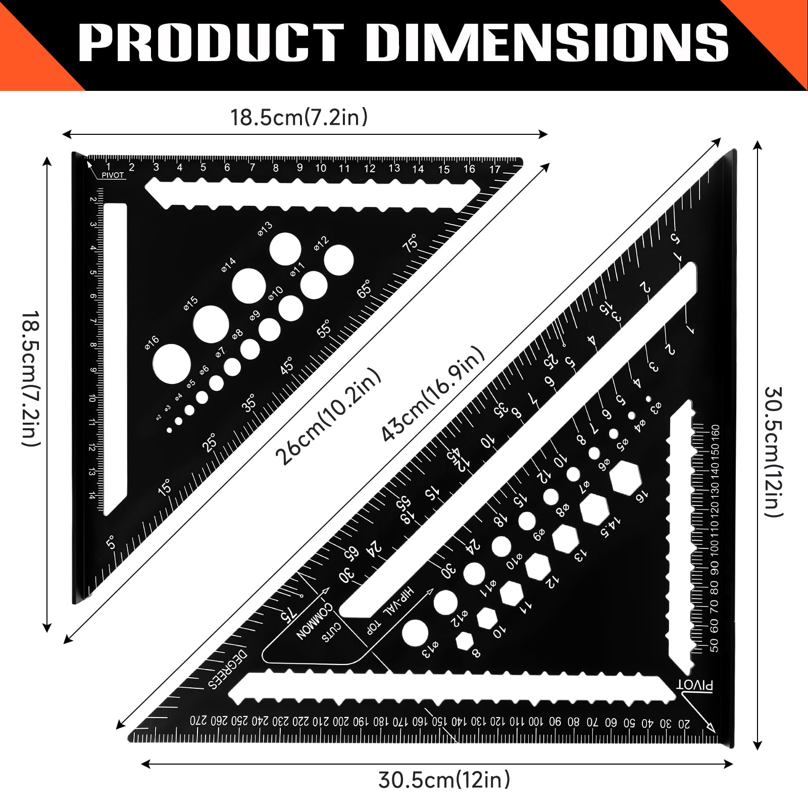 Équerre Menuisier, Set 2 Pièces, Multifonctionnel Outil de Charpentier pour Mesure d'Angles et Traçage, Règle Triangulaire en Aluminium 18cm et 30cm, pour Angles de 45° et 90°