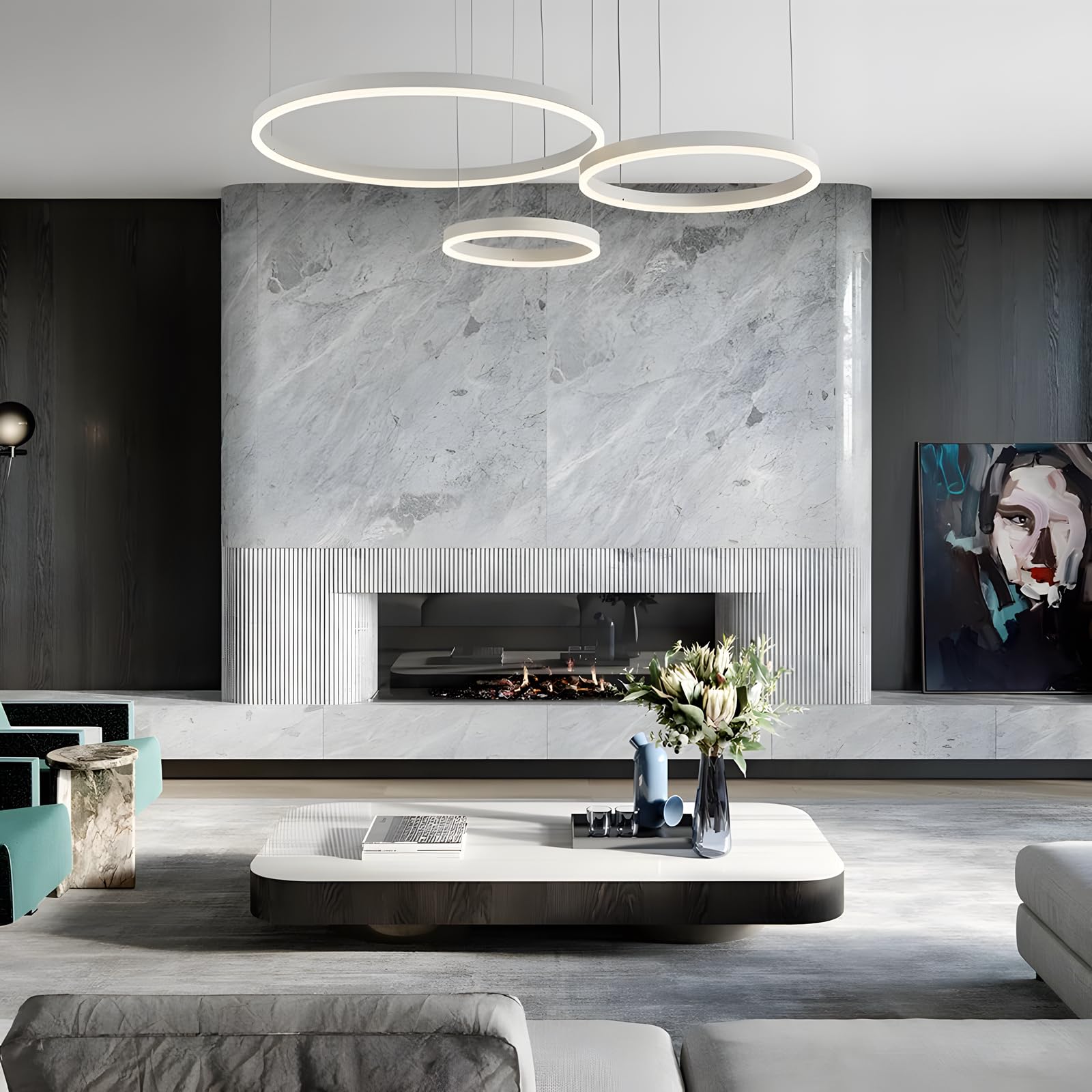 Lámpara LED Metal | 3 Círculos 40+60+80cm | 90W Lámpara Colgante Techo Anillos, Control Remoto Regulable 3000-6000 K, Lámpara Colgante Pantalla Acrílica Sala Dormitorio Vestíbulo【Blanco】