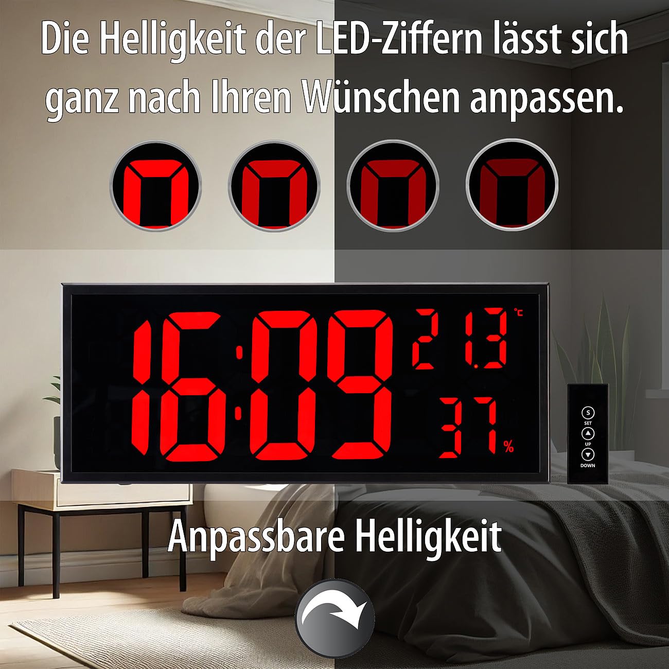 Lunartec Digital Wecker: 2er-Set LED-Wand- & Tischuhren, Jumbo-Uhrzeit, FB, Hygro-/Thermometer (Hygrometer Digital, LED Uhr)