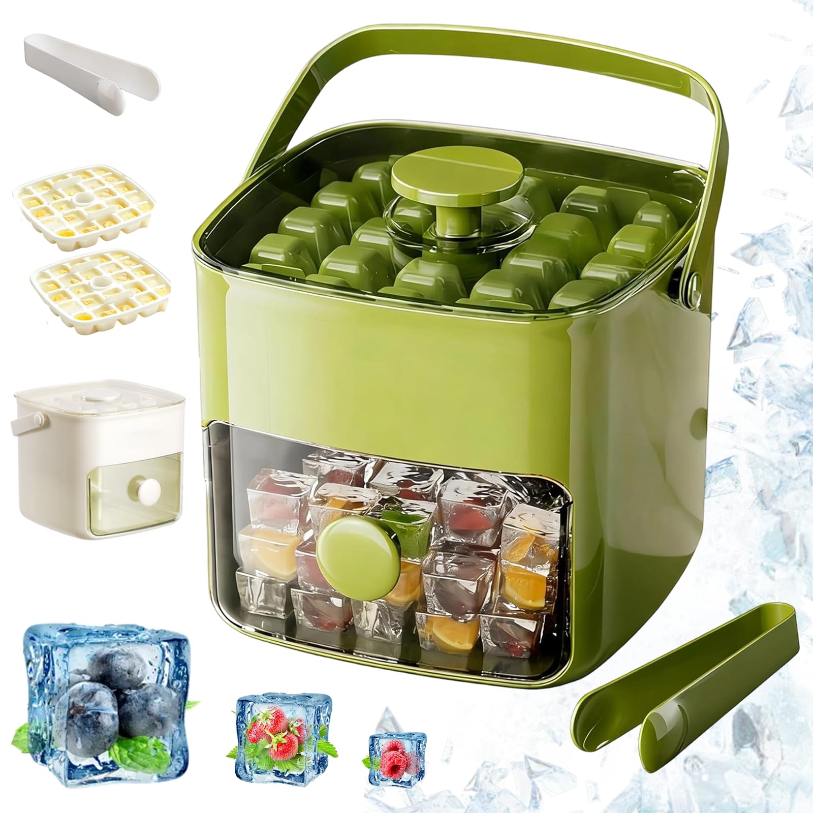 Bac à Glaçons 48 Cubes avec Couvercle à Pression Facile, Plateau à Glaçons Portable Double Couche avec Bac et Pince, Moule en Silicone à Démoulage Rapide pour Congélateur (Green)