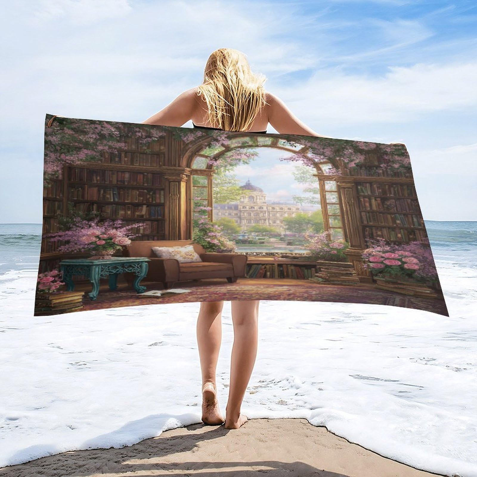 Luyysky Retro Abstract Library Bookshelf Absorbent Beach Towel, Romantic Realistic Fantasy Castle Plant Pink Roses Floral Pattern Outdoor Single-Sided Velvet Beach Towel-80 W Cm X 160" L Cm