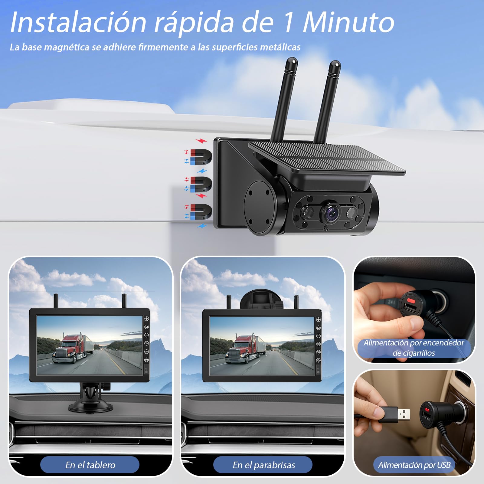 Solare Telecamera Retromarcia Wireless 7 Pollici 1080P Monitor, Magnetica Telecamera Retromarcia Ricaricabile 10000mAh Batteria, Visione Notturna, per Camion, Auto, Roulotte(VS-7B)