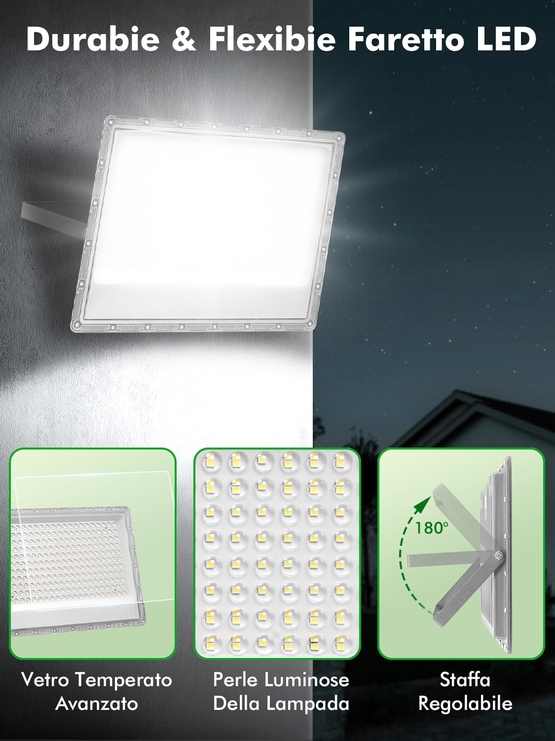 Faretto LED da Esterno 200W 2 Pezzi,6500K Bianca Fredda Faro LED,20000LM Super Luminoso Faretti 𝐋𝐄𝐃,IP66 Impermeabile Fari 𝐋𝐄𝐃 da Esterno per Giardino, Terrazza, Garage