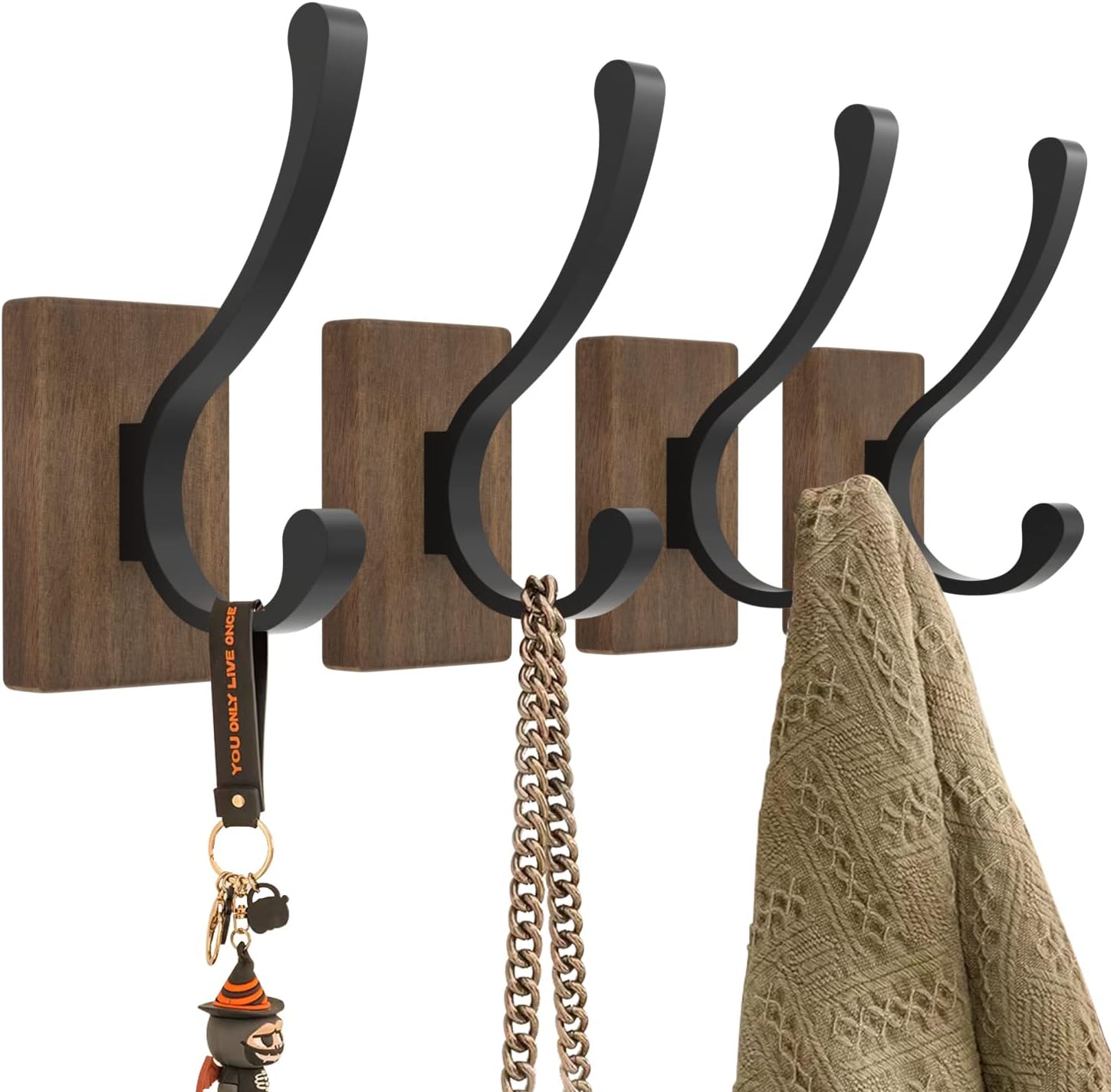 Wood Hooks for Hanging Coats - 4 Pack Coat Hooks Wall Mounted, Wooden ...