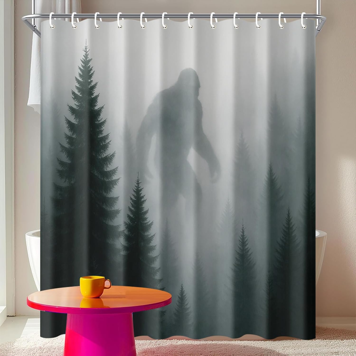 Sasquatch Shower Curtain 72x72 Inch Forest Monster Bathroom Curtain with Misty Woods Sasquatch for Cabin or Horror Decor
