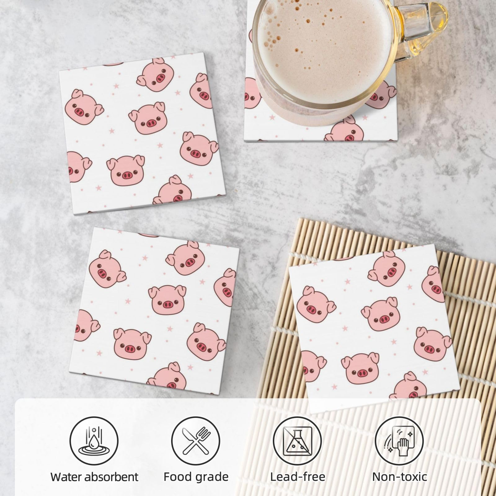 Lot de 4 dessous de verre décoratifs en céramique Motif cochon