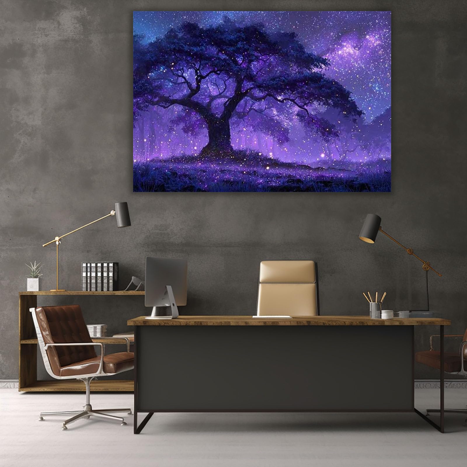 TERUEA Cuadros Decoracion Salon yoga femenino Lienzos decorativos Árbol Mágico Noche Estrellada Fantasía para dormitorio, baño,（Purple-80x120cm1 Sin marco
