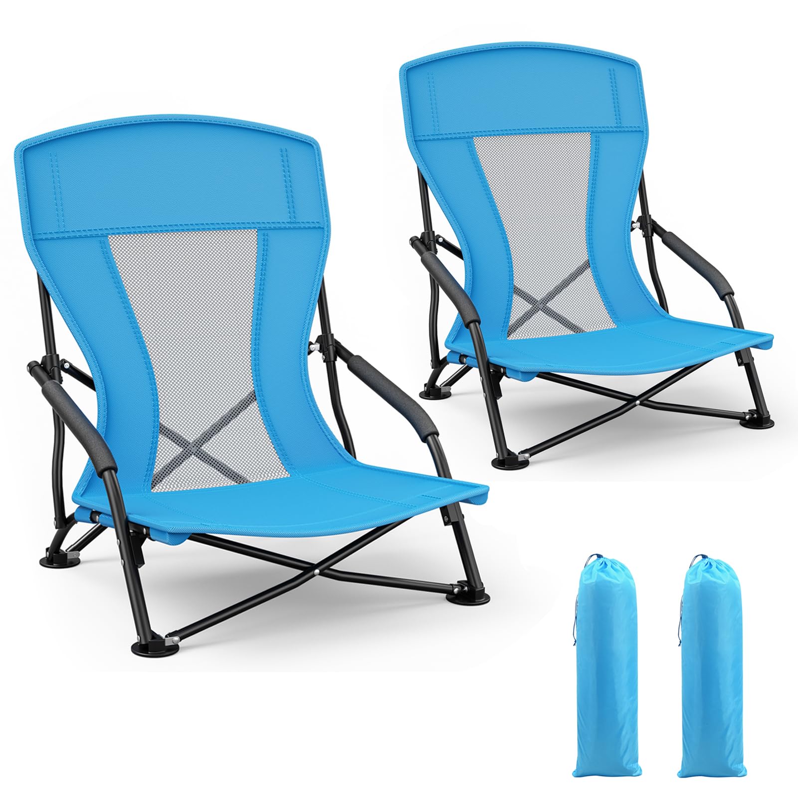 2pcs Strandstuhl Klappbar Leicht, Blau Niedrig Strandstühle Faltbar aus Atmungsaktivem Oxford-Gewebe, Trägt bis 100kg, Tragbar Campingstuhl mit Tragetasche für Picknick Strand Outdoor Garten